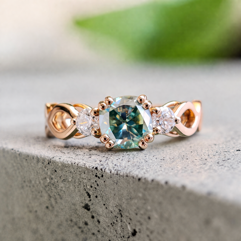 Elegant Green Moissanite Three-Stone Ring with Infinity Band – A Timeless Symbol of Love