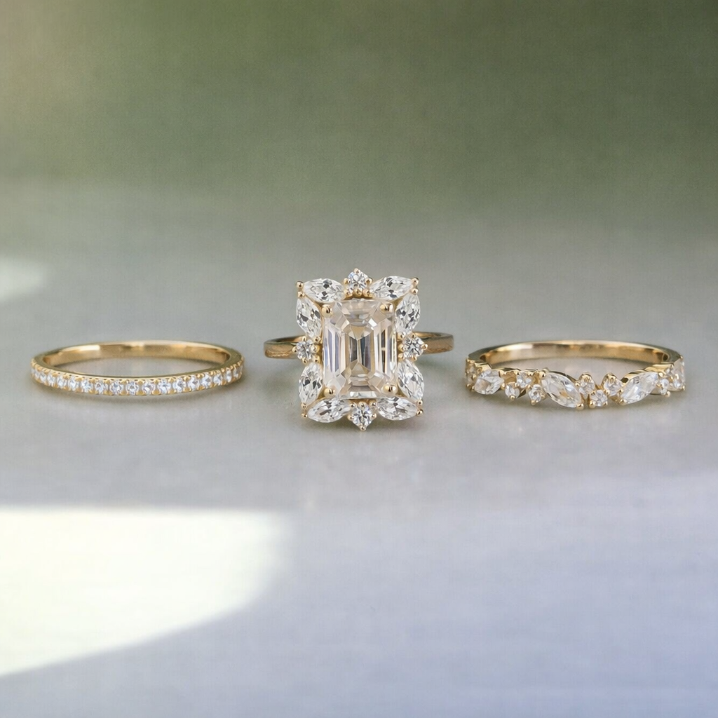 Emerald Cut Diamond Ring with Floral Halo & Matching Bands: A Timeless Statement of Elegance