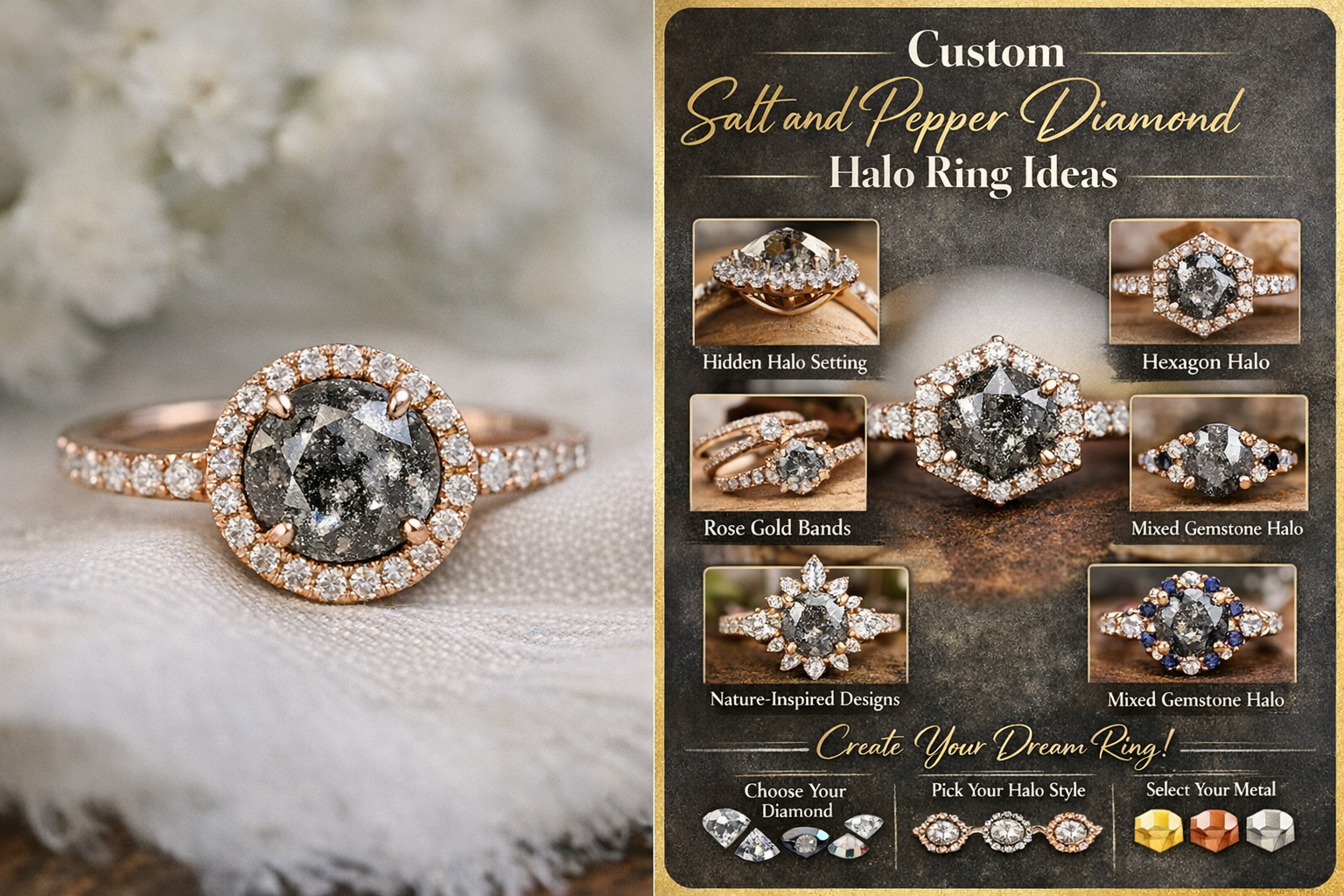 Custom Salt and Pepper Diamond Halo Ring Ideas