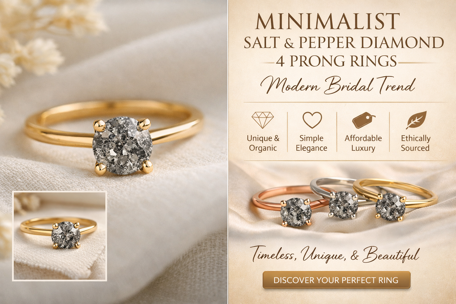 Minimalist Salt and Pepper Diamond 4 Prong Rings: Modern Bridal Trend