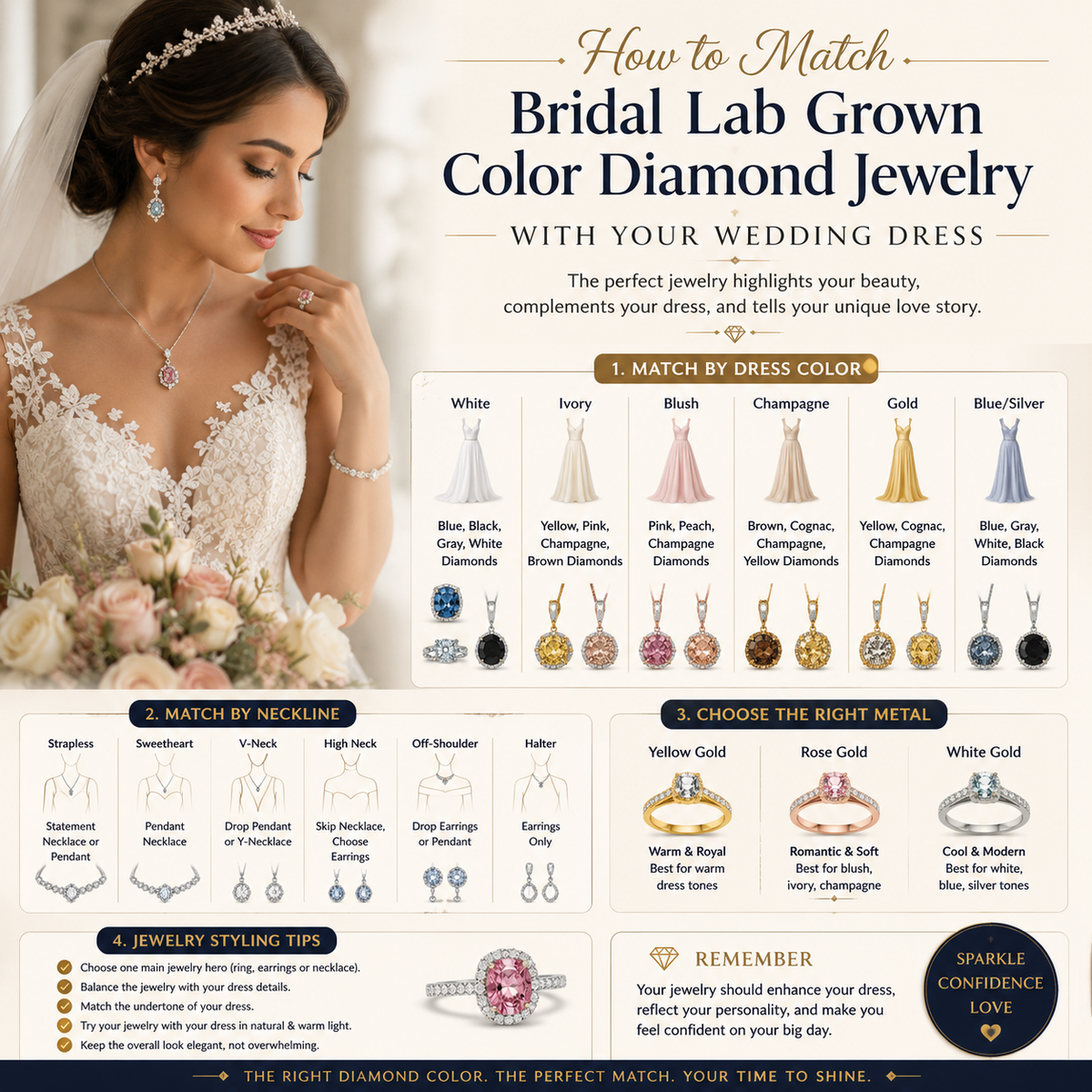 How to Match Bridal Lab Grown Color Diamond Jewelry with Your Wedding Dress
