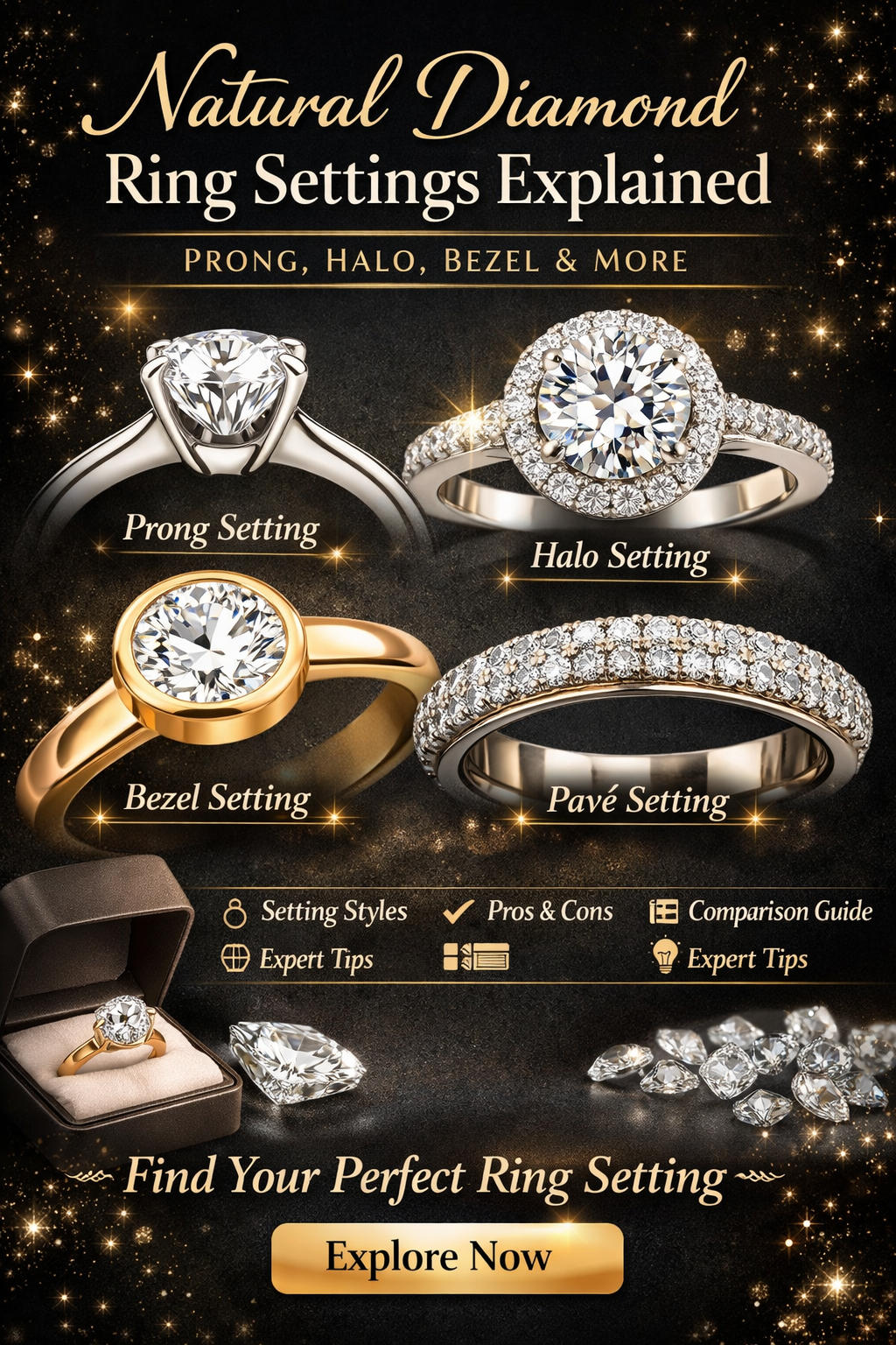 Natural Diamond Ring Settings Explained: Prong, Halo, Bezel & More