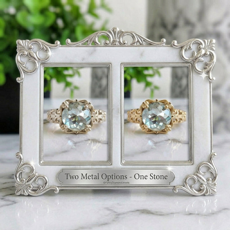 Blue Round Rose Cut Moissanite Rings: White Gold vs. Yellow Gold