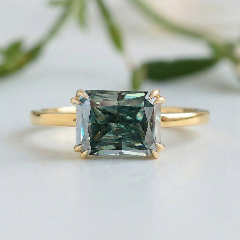 💍 Amazing East to West Radiant Ring Double Claw Prong Green Moissanite Ring