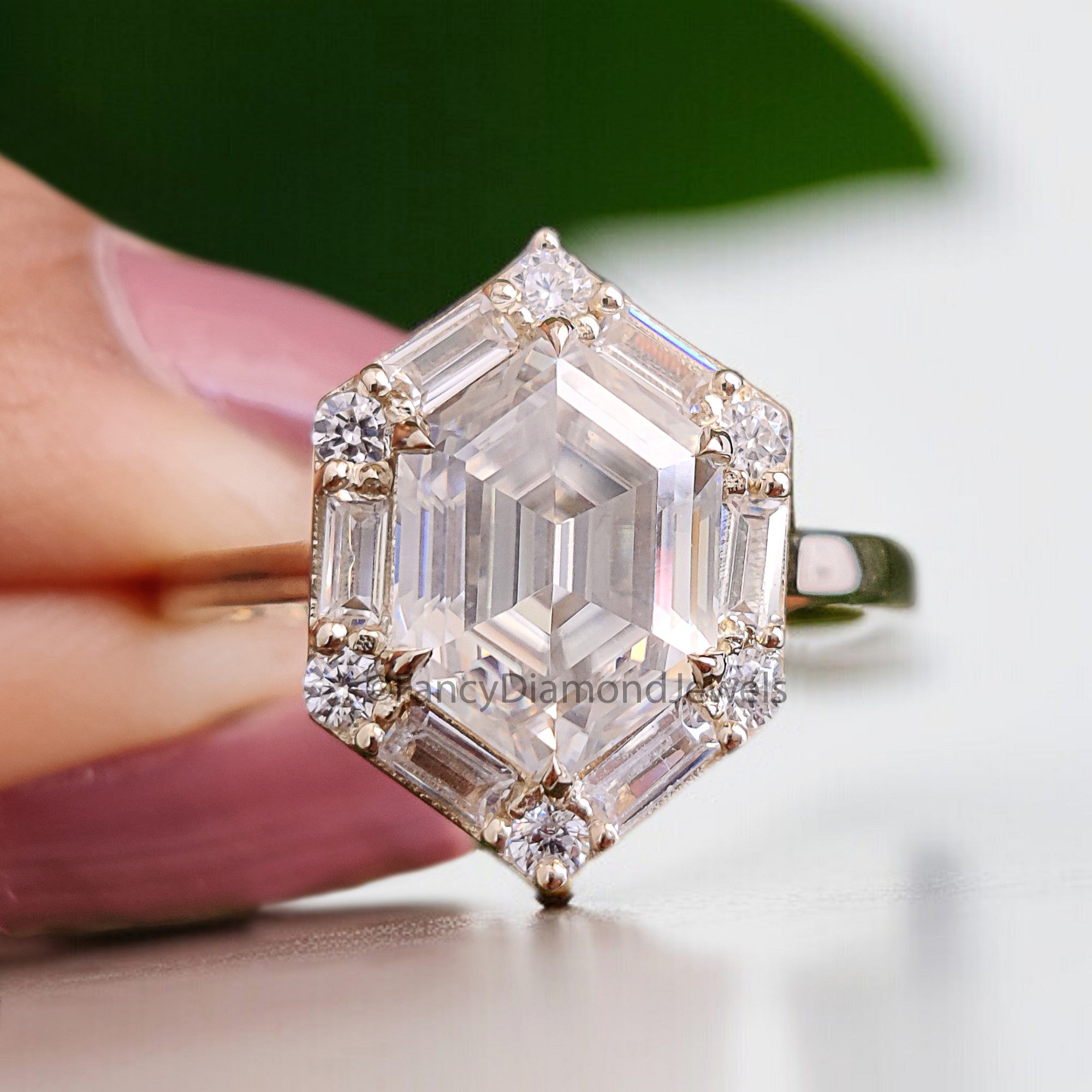 2.35 CT Hexagon Cut Moissanite Engagement Ring with Side Baguette Moissanite Ring Yellow Gold Ring Bridal Anniversary Gift For Her FD321