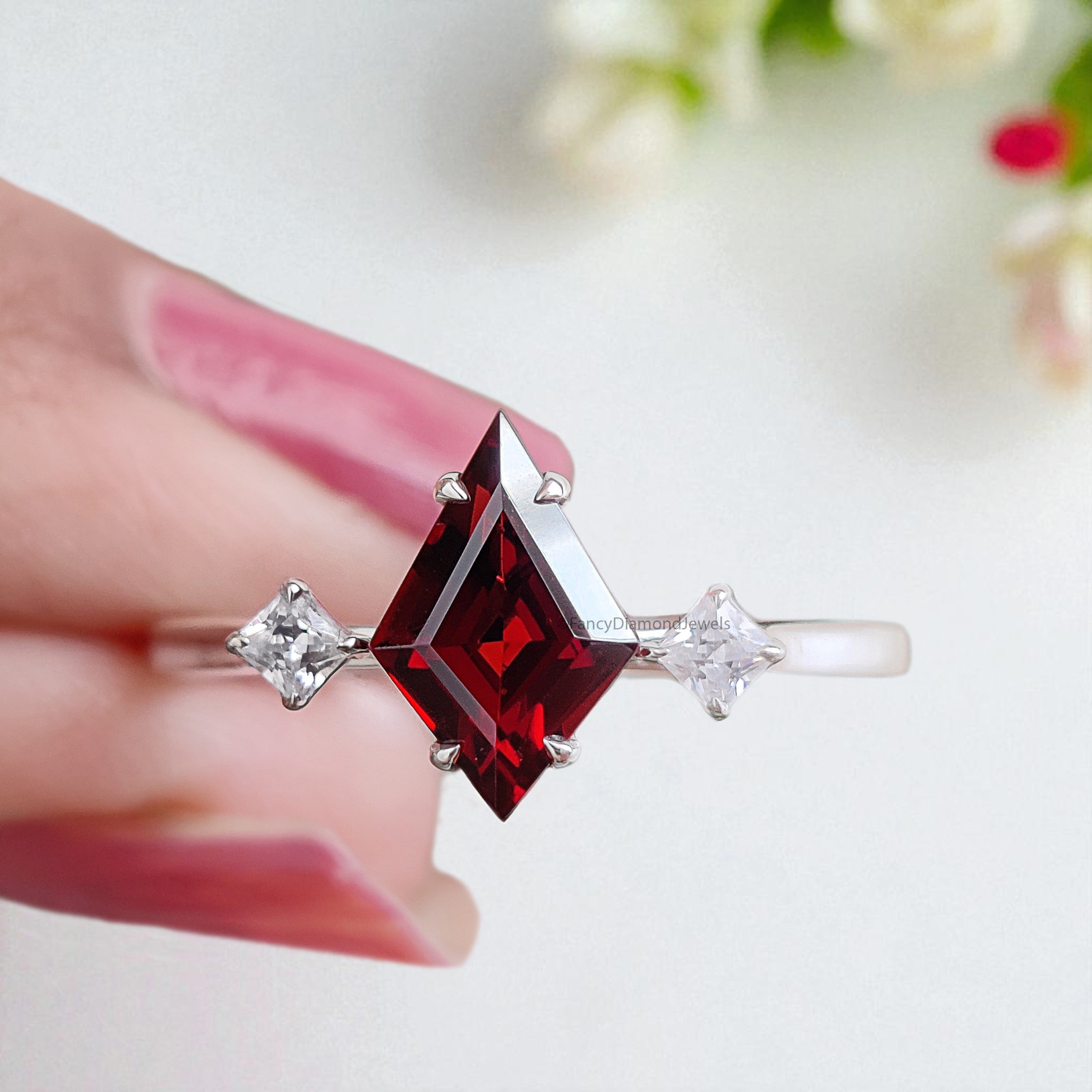 1.15 CT Natural Kite Red Garnet Engagement Ring White Gold Ring Kite Cut Diamond Wedding Ring Unique Art Deco Vintage Ring Gift For Her FD432