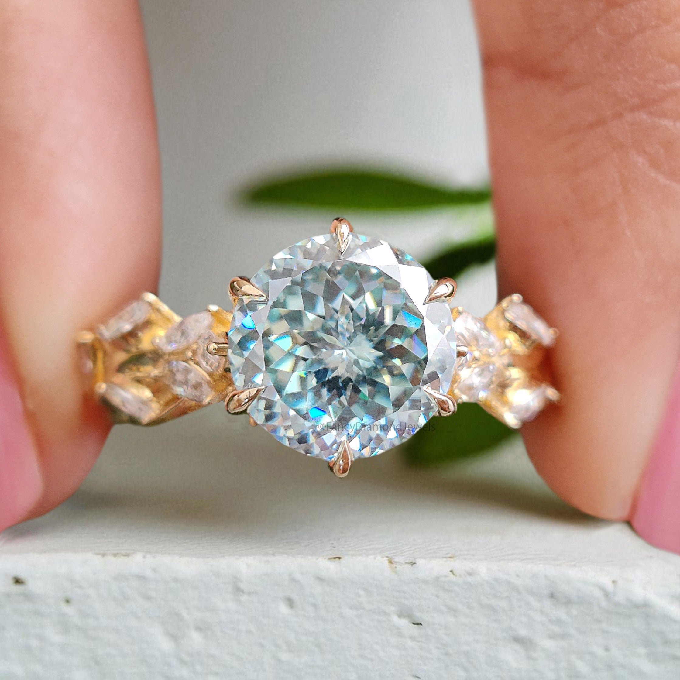 Floral Round Portuguese Cut Moissanite Engagement Ring Yellow Gold Ring Vintage Ring Anniversary Ring Nature Inspire Ring Wedding Ring FD408