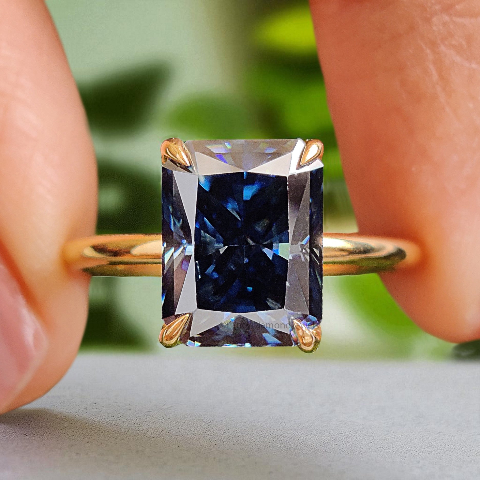2.90 CT Radiant Cut Royal Blue Moissanite Ring Yellow Gold Ring Engagement Ring Wedding Ring Pointed Claw Prong Ring Solitaire Ring FD399