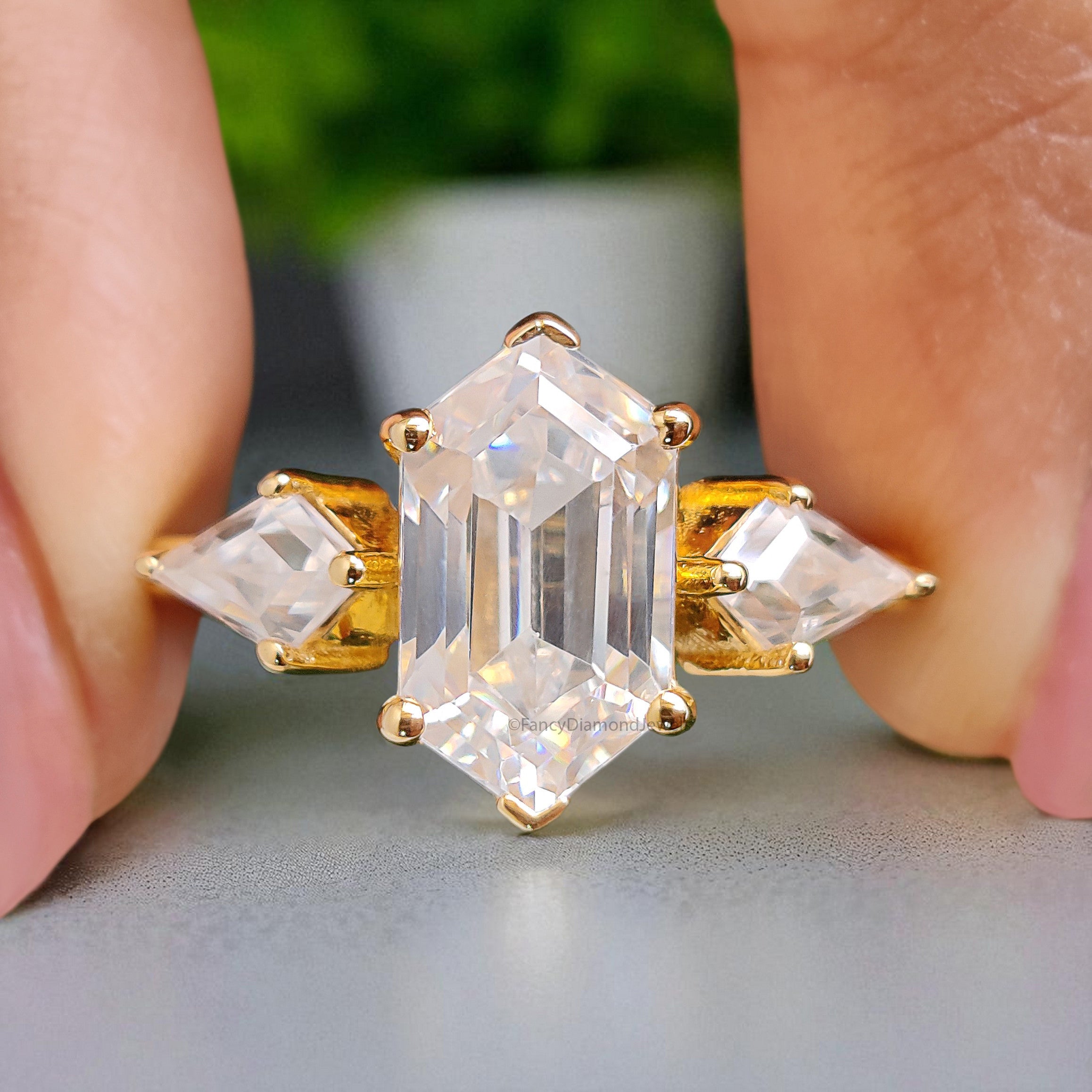 4.55 CT Hexagon Cut Simulated Diamond Engagement Ring 3 Stone Ring Yellow Gold Ring Anniversary Ring Simulant ring Gift For Her FD395