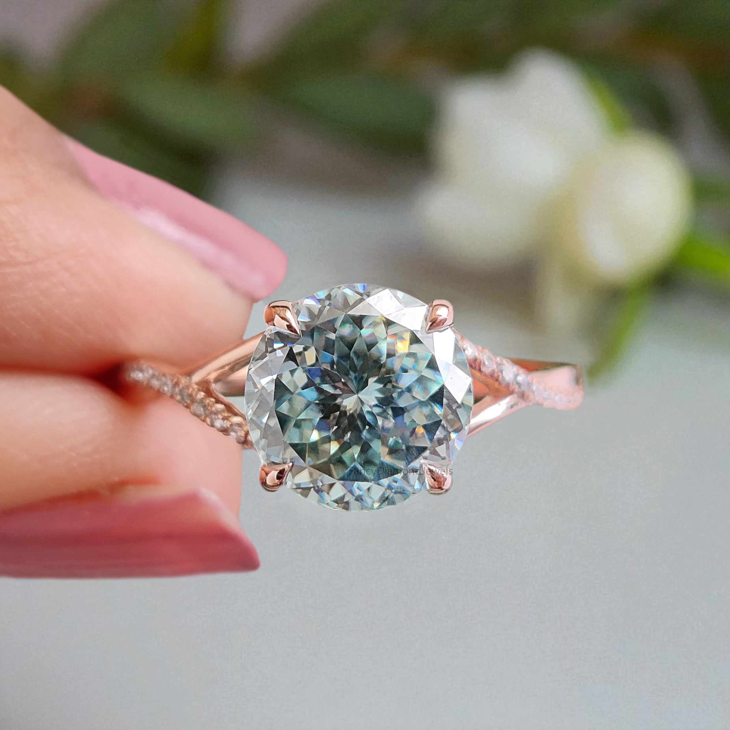 Round Portuguese Cut Aqua Blue Green Moissanite Engagement Ring Rose Gold Ring Vintage Ring Crossover Band Wedding Ring Gift For Her FD419