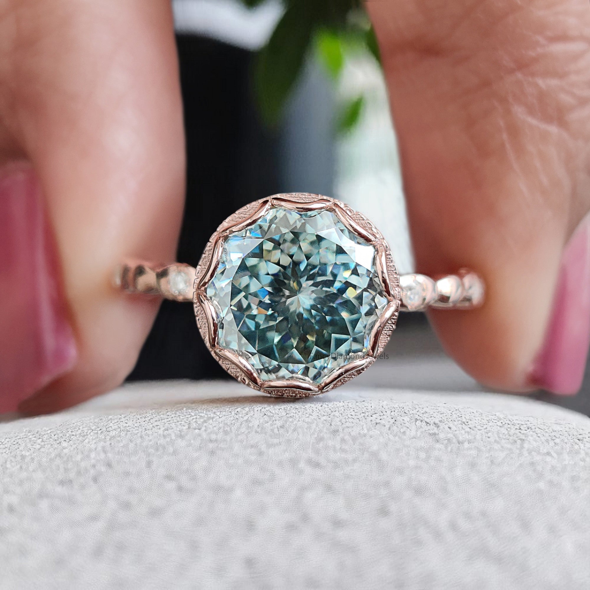 Portuguese Round Shape Blue Moissanite Engagement Ring Bezel Set Rose Gold Vintage Ring Anniversary Ring Gift For Her Wedding Ring FD382