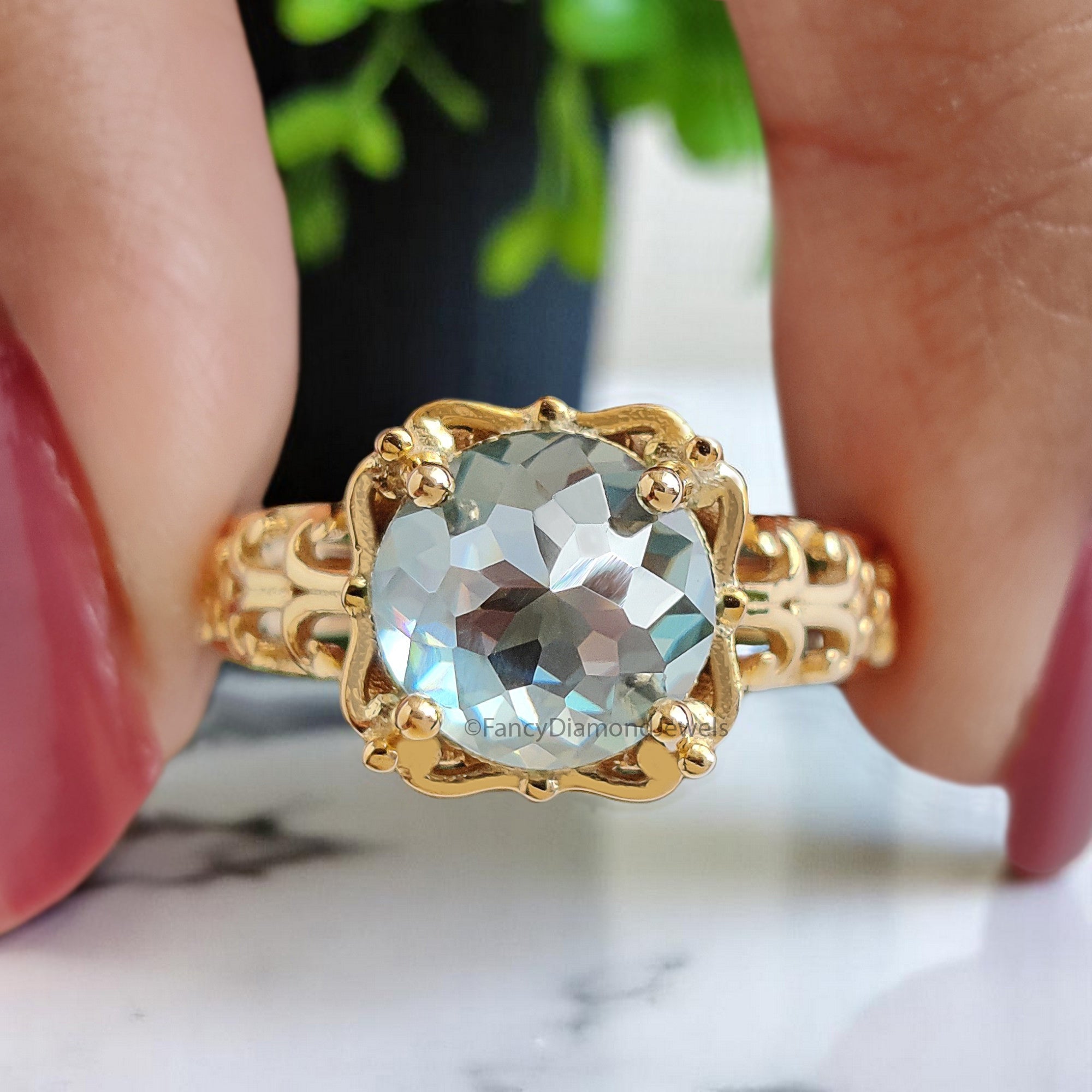 Antique 2.65 CT Round Rose Cut Blue Moissanite Engagement Ring Filigree Wedding Ring Anniversary Gift Promise Ring Unique Ring FD369