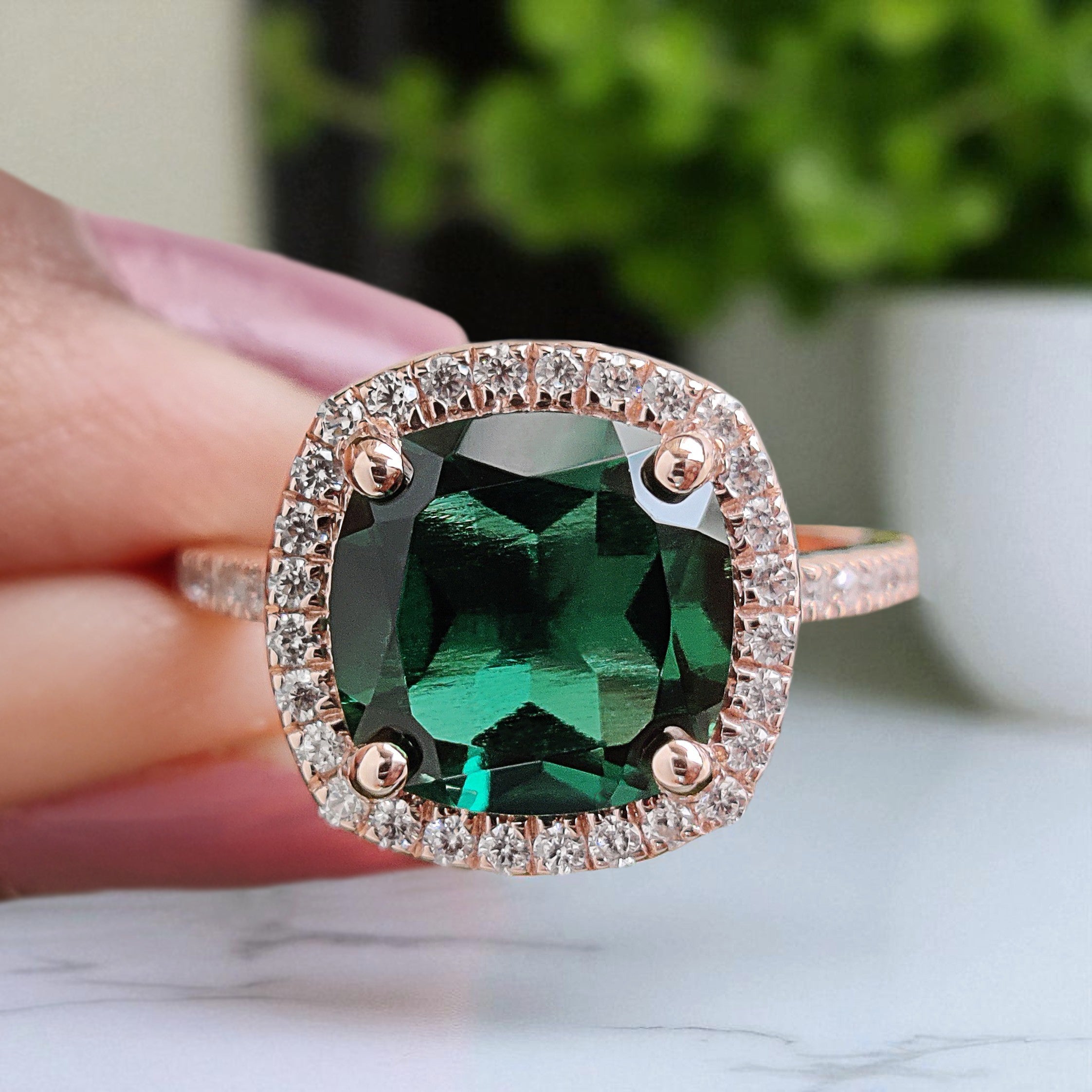 2.60 CT Cushion Cut Green Emerald Engagement Ring Rose Gold Ring Cushion Wedding Ring Unique Art Deco Vintage Halo Ring Gift For Her FD422