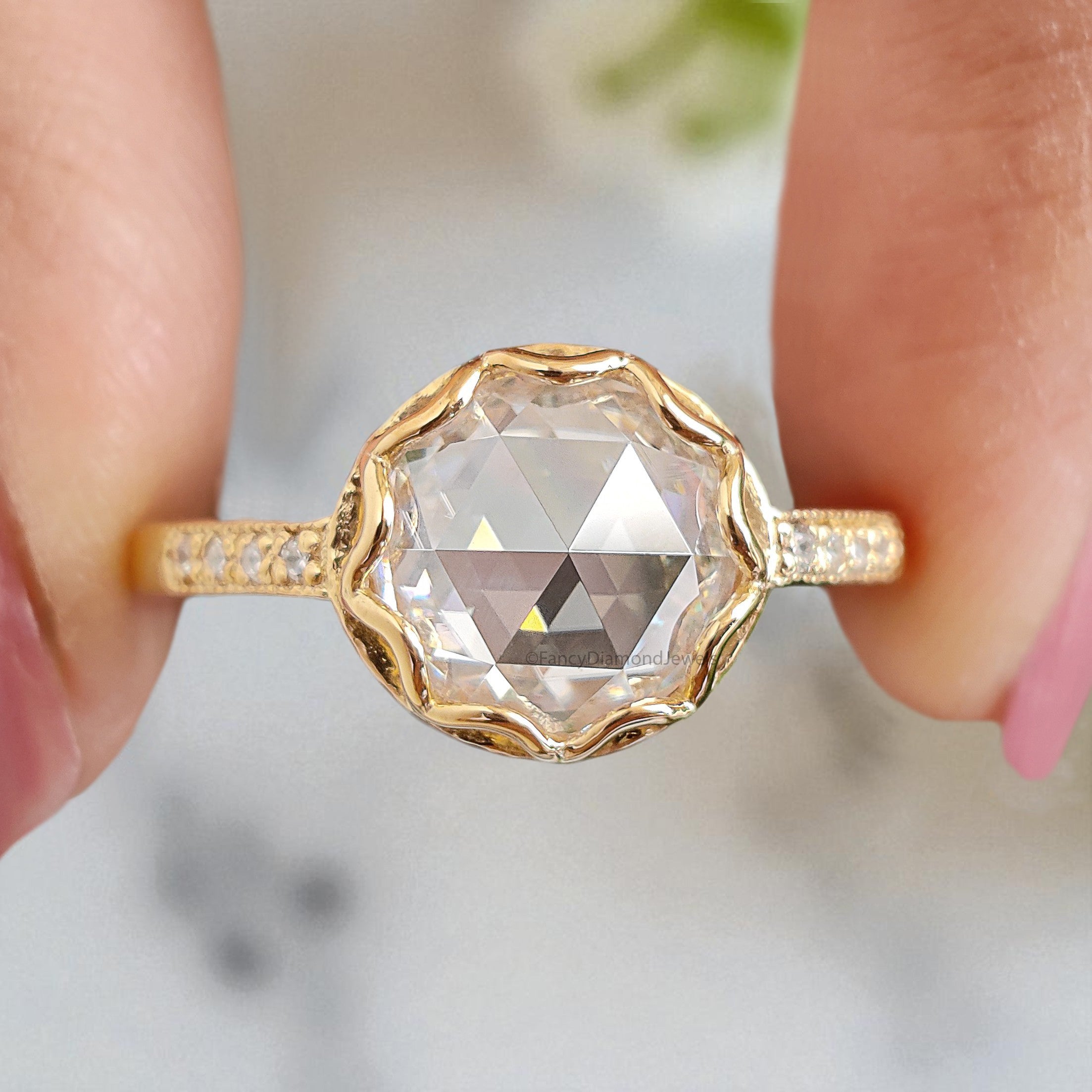 Vintage Style Round Rose Cut Colorless Moissanite Hidden Halo Engagement Ring Milgrain Wedding Ring Pave Set Ring Anniversary Ring FD120