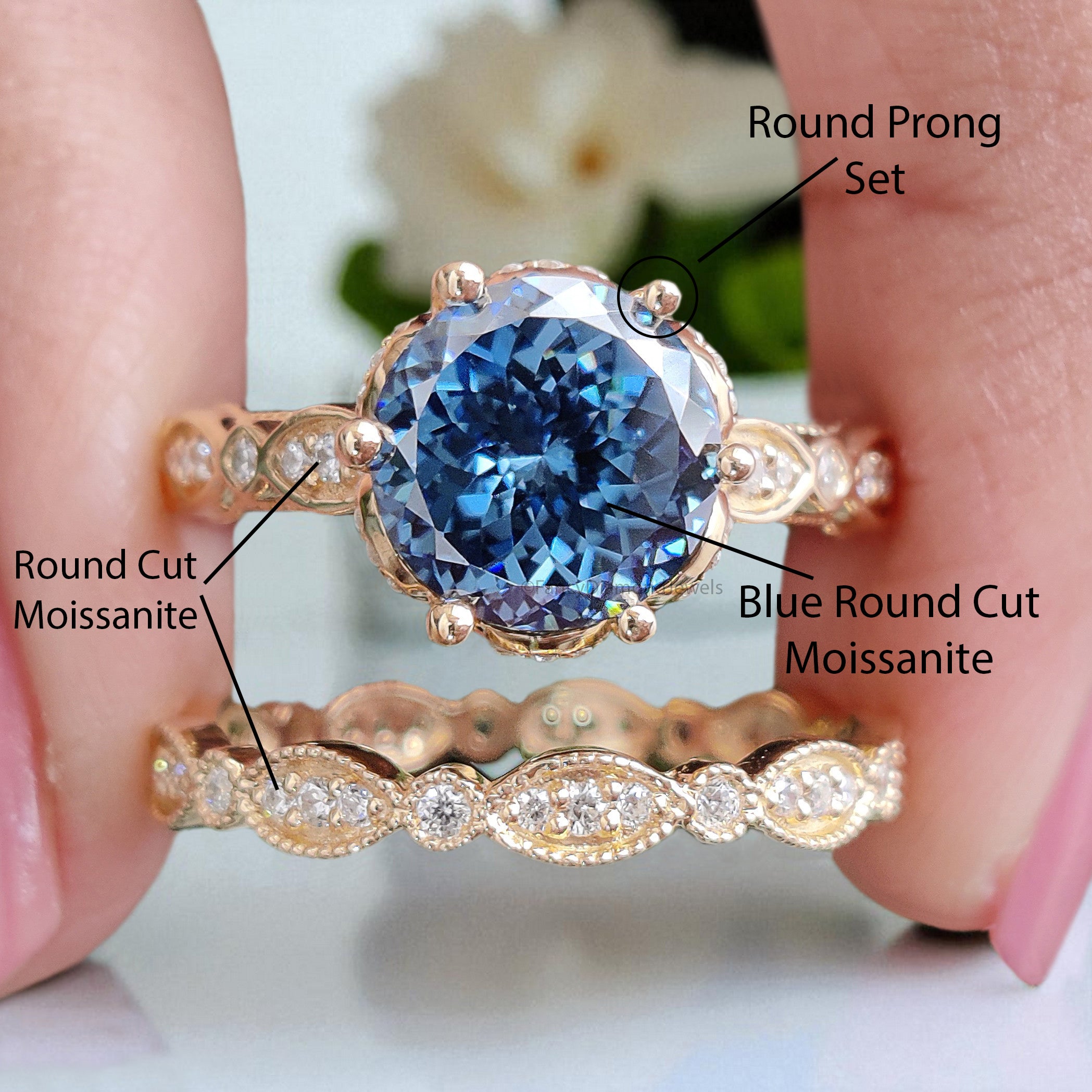 Antique Round Portuguese Cut Royal Blue Moissanite Engagement Ring 6 Prong Hidden Halo Ring With Full Eternity Scalloped Wedding Band FD407