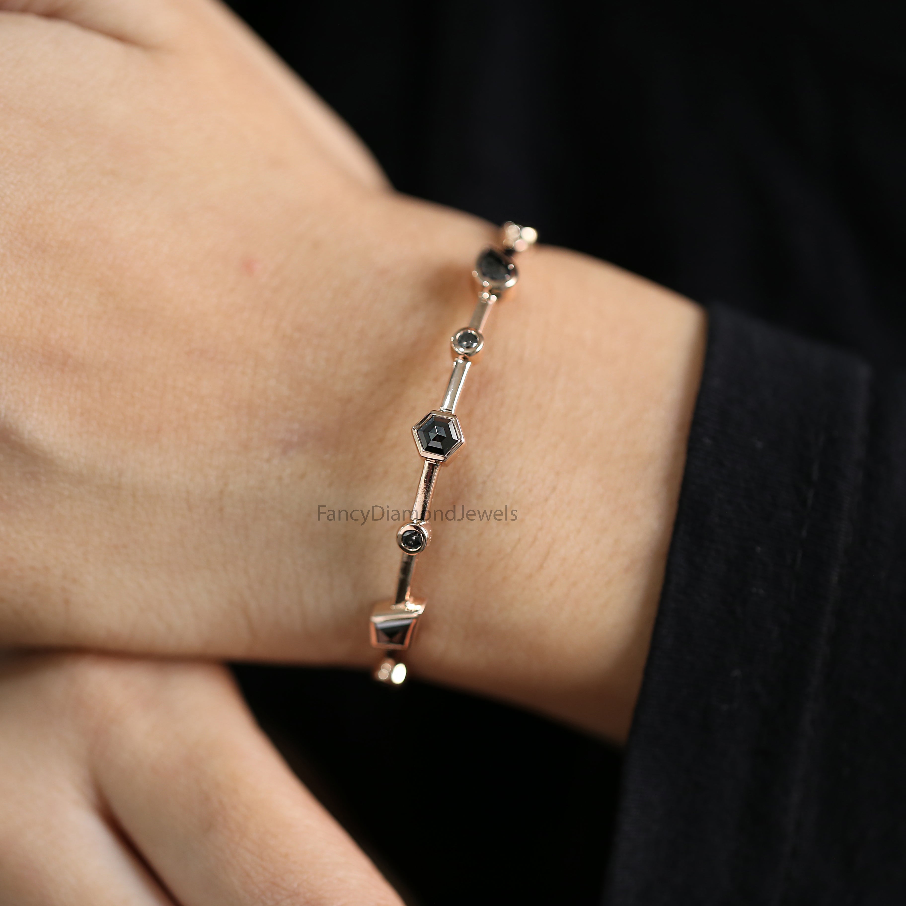 Mix Shape Black Color Diamond Bracelet, Mix Shape Diamond Anniversary Gift Bracelet, Gold Bracelet, Hexagon Diamond Bracelet KDN2284