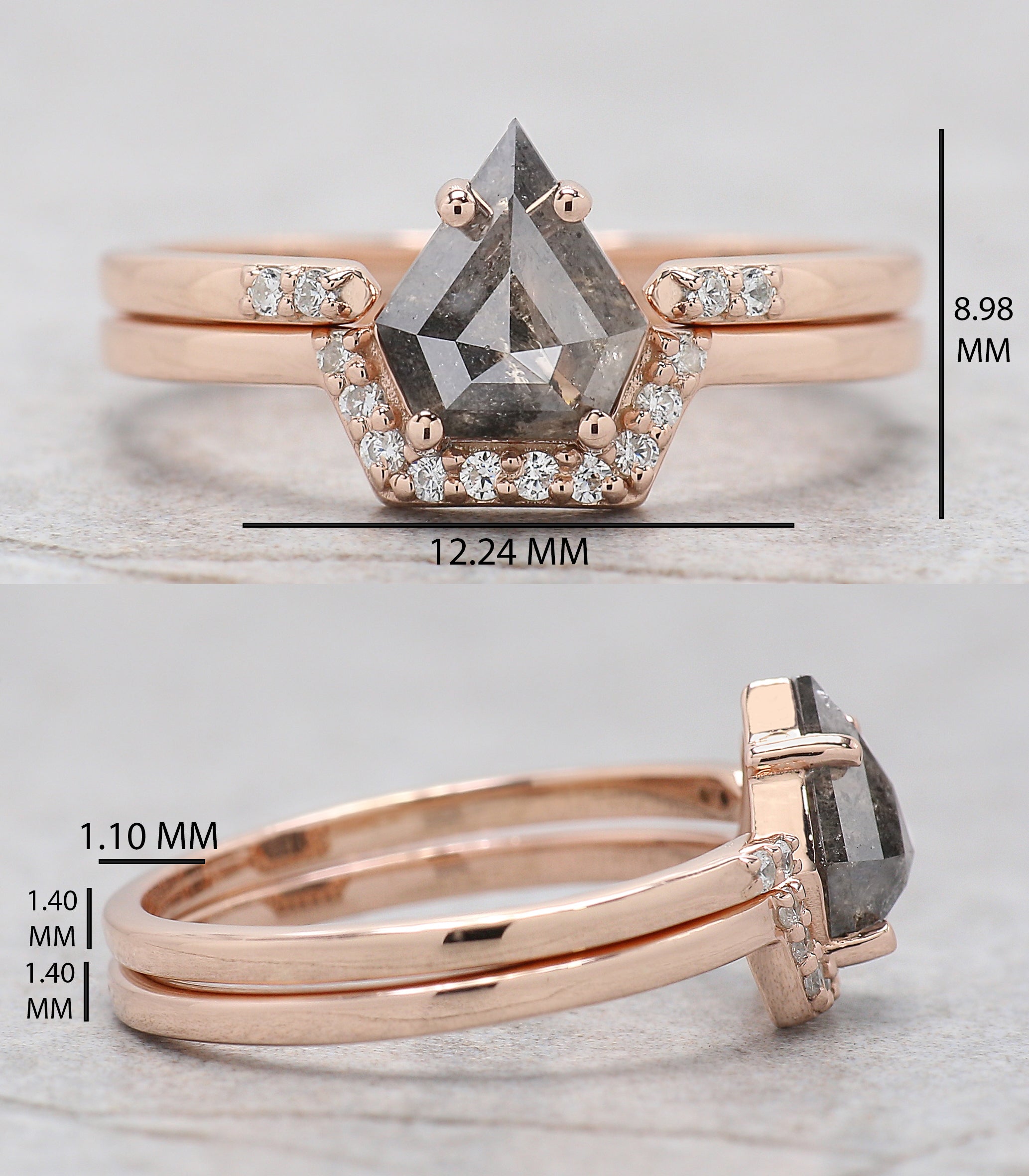 Shield Salt And Pepper Diamond Ring 0.88 CT 7.20 MM Shield Diamond Wedding Ring Set Rose Gold Silver Engagement Ring Gift For Her KDN9205