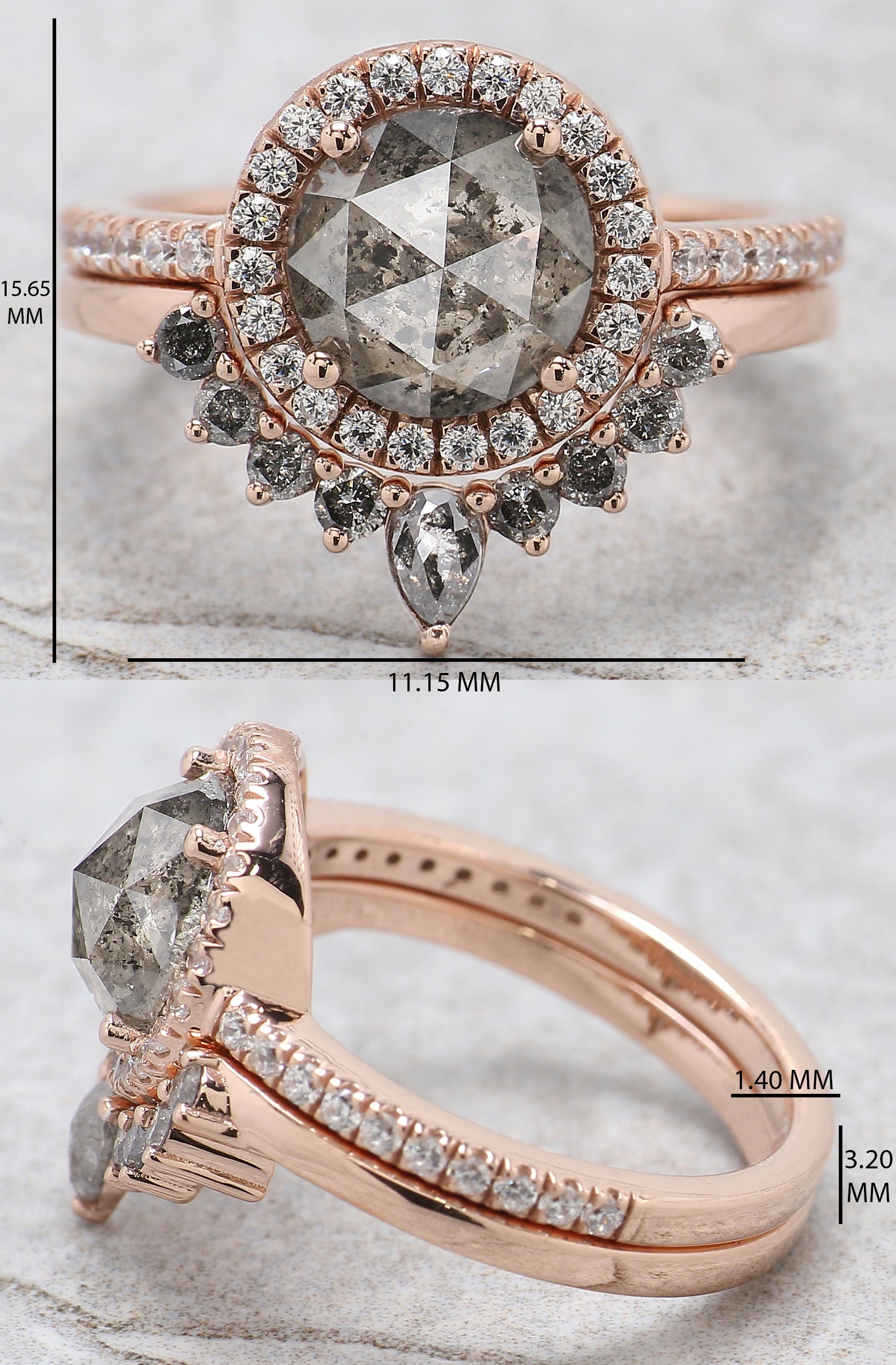 Round Rose Cut Salt And Pepper Diamond Ring 1.83 Ct 7.75 MM Round Rose Diamond Ring 14K Rose Gold Silver Engagement Ring Gift For Her QL2188