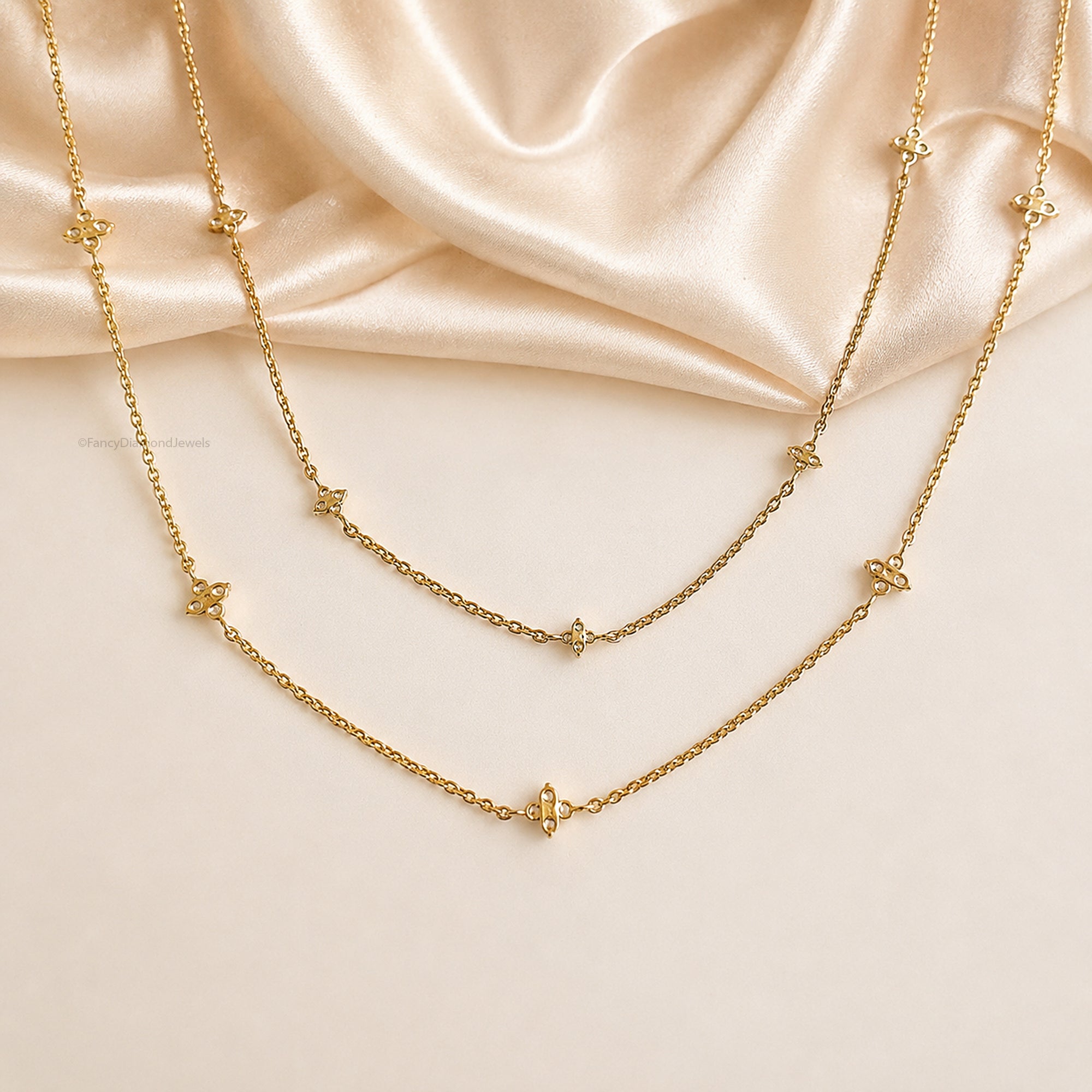 18K Gold Attached Diamond Station Necklace | Four Leaf Clover Star Necklace | Dainty or Large Diamond Chain | Everyday Fine Jewelry FD569