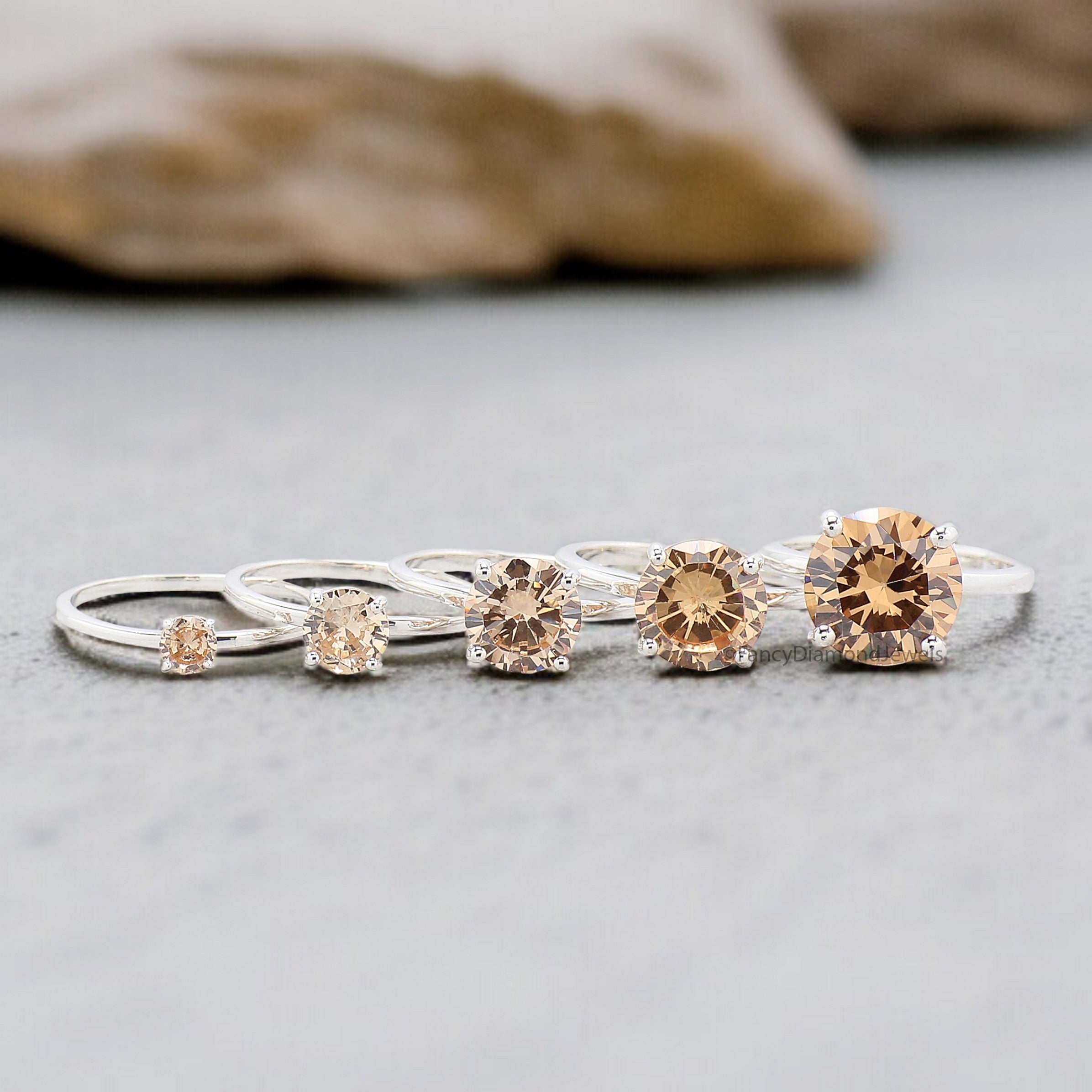 Round Brown Champagne Diamond engagement ring 11mm 9mm 8mm 6mm 4mm stone ring Simulant Ring Solitaire ring Silver ring Gift for her FD519