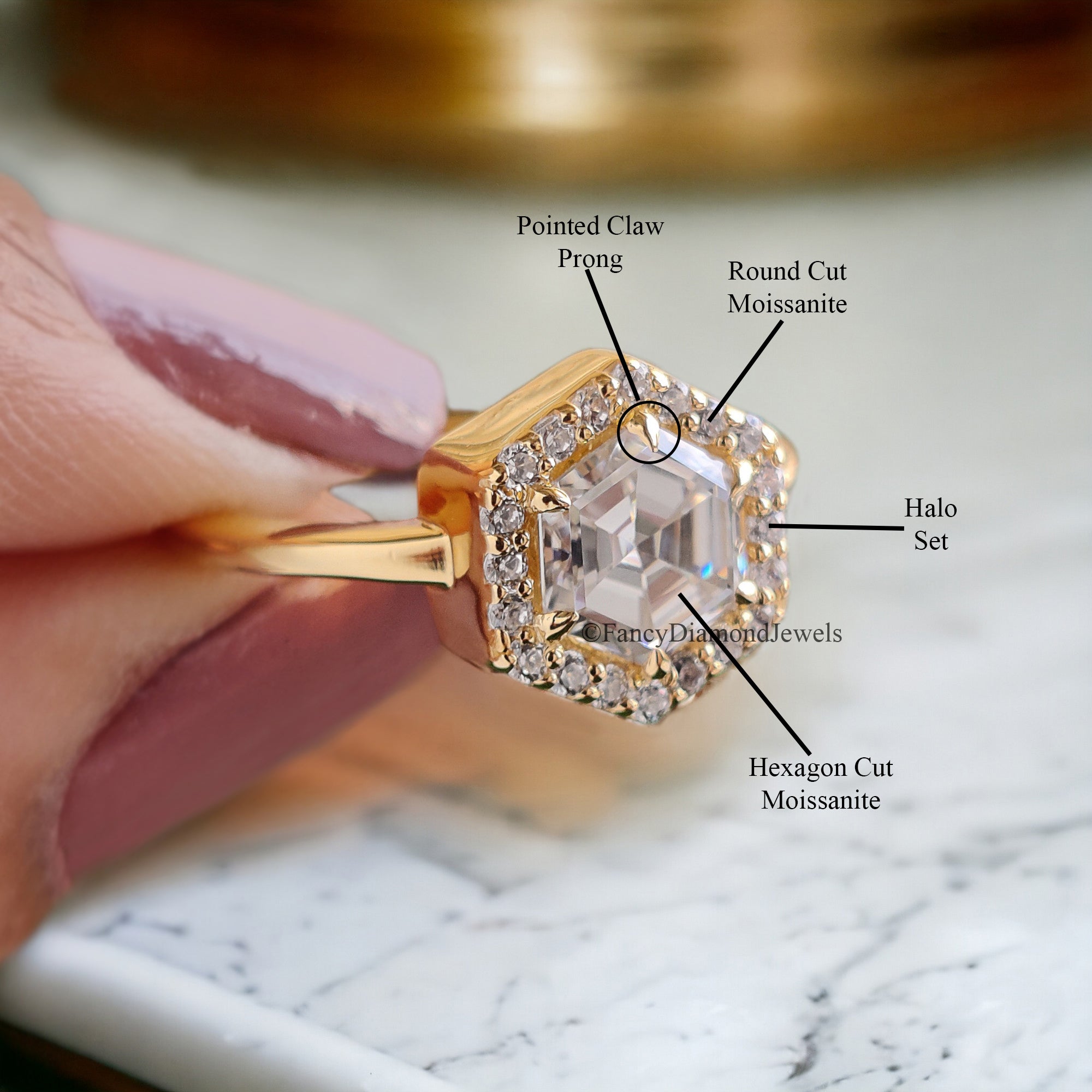 1.00 CT Hexagon And Round Cut Colorless Moissanite Halo Engagement Ring Prong Set Wedding Ring Cathedral Ring Anniversary Gift Ring FD84