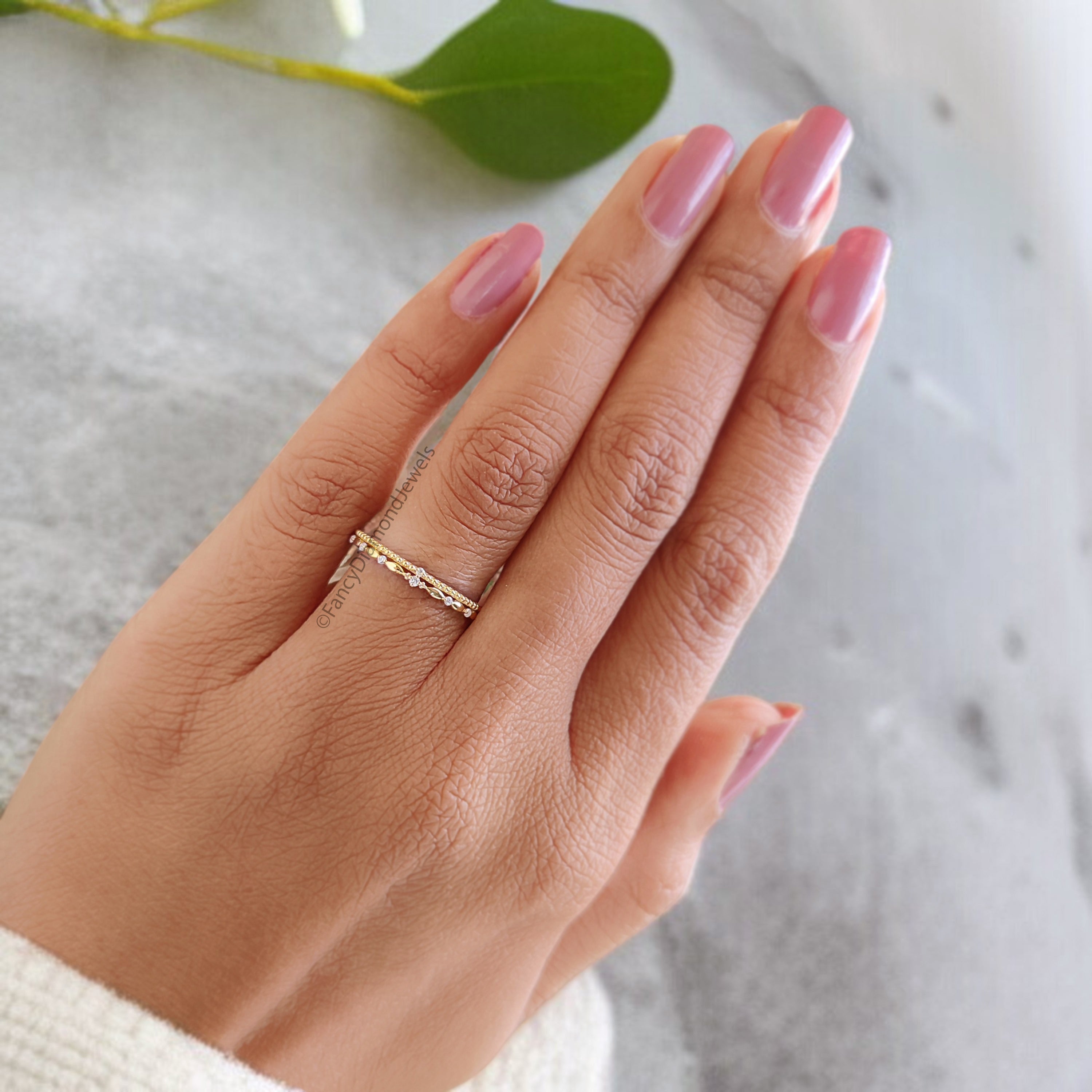 Natural White Double Diamond Wedding Band Silver Engagement Band Milgrain Ring Minimalist Stacking Diamond Promise Band Gift For Her FD518