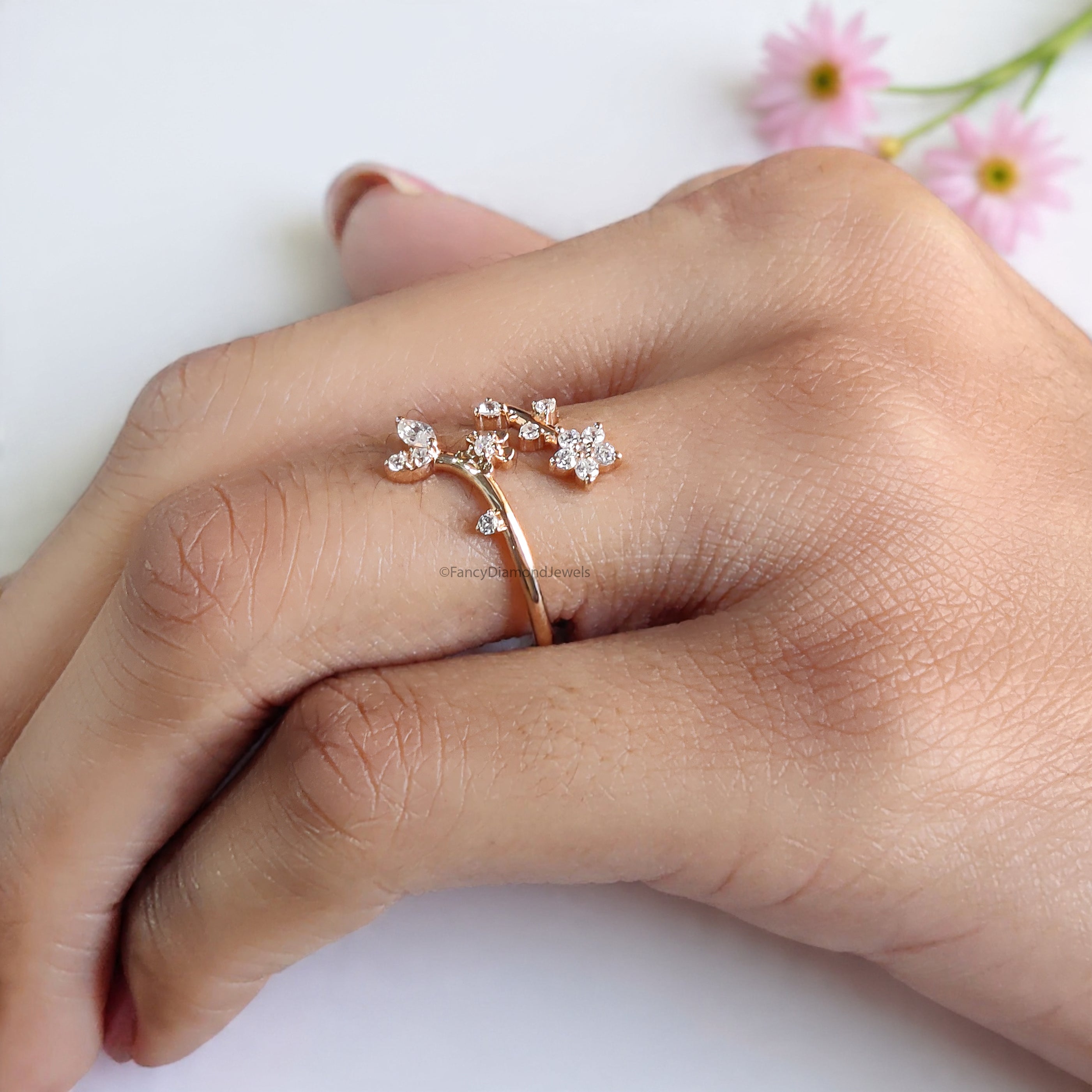 Marquise / Round Cut Wedding Ring Rose Gold Unique Anniversary Ring Spring Flower Ring Adjustable Delicate Personalized Gift For Her FD536