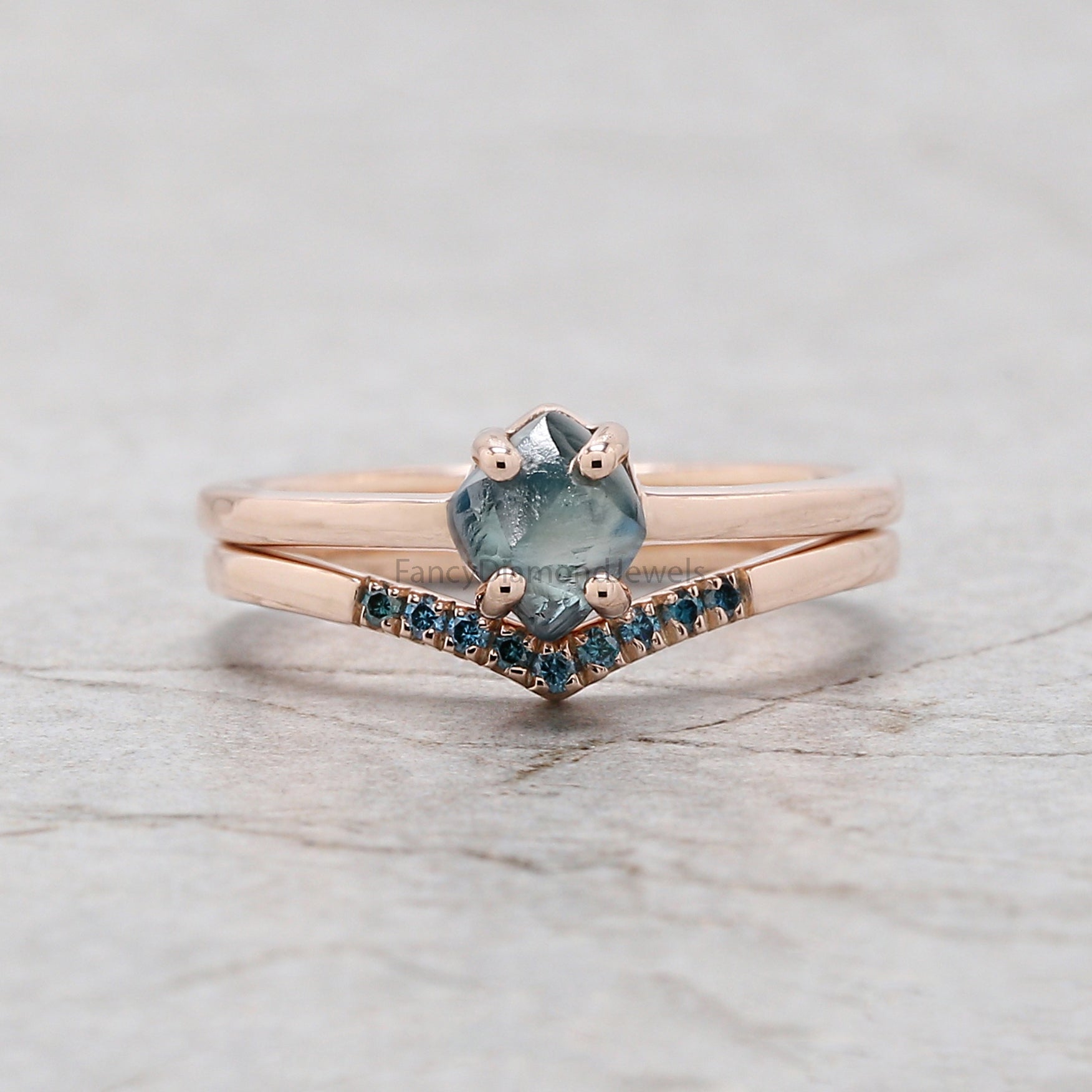 1.05 Ct Natural Rough Cut Blue Color Diamond Ring 6.30 MM Crystal Rough Diamond Ring 14K Solid Rose Gold Silver Engagement Ring QL2344
