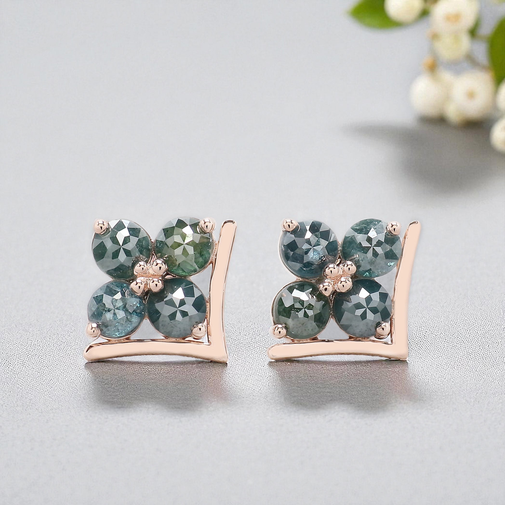 Round Rose Cut Blue Color Diamond Earring Round Rose Shape Earring Prong Earring Engagement Earring Earlobe Earrings Gift For Her KDN7006