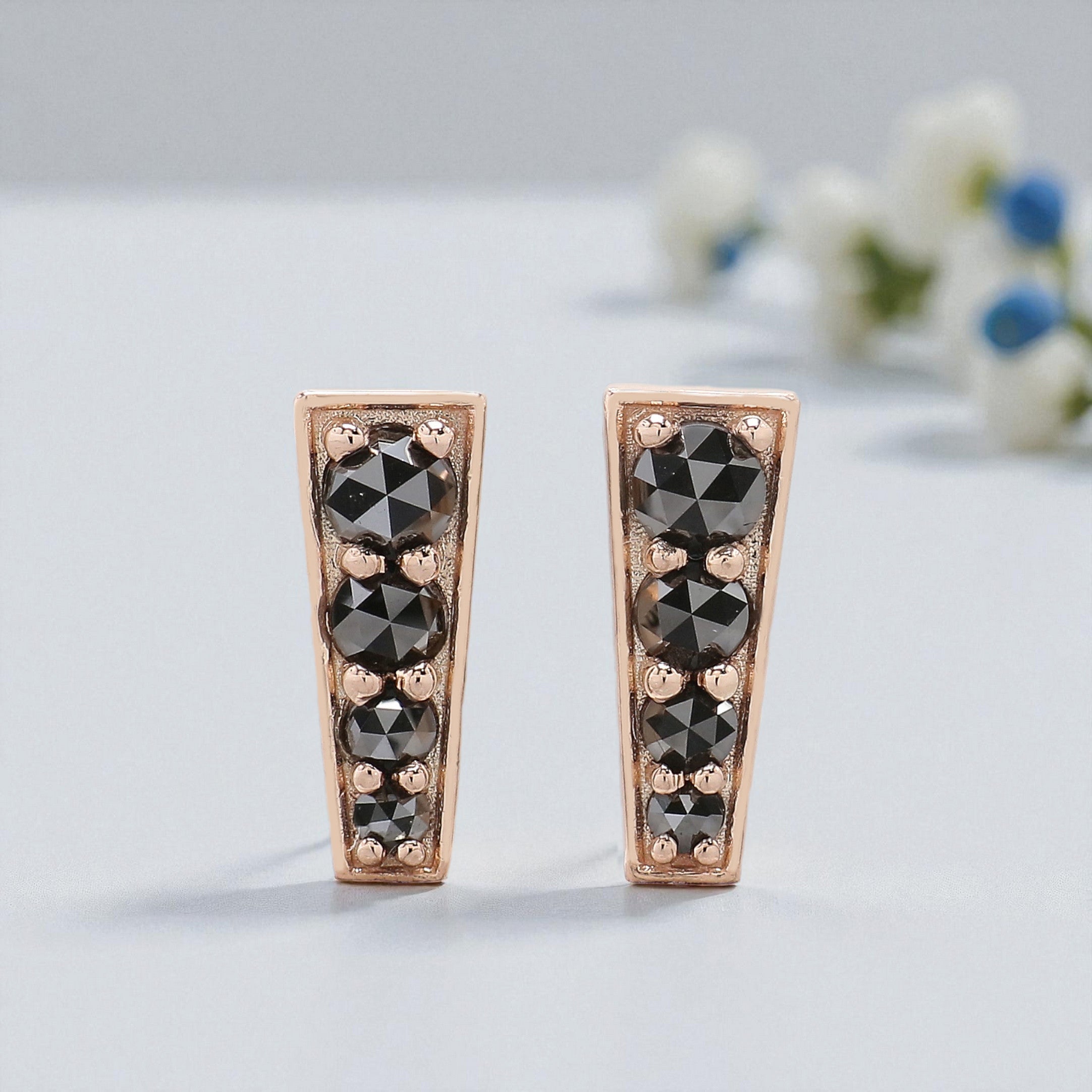 Round Rose Cut Black Color Diamond Earring 0.75 CT Round Diamond Earring 14K Solid Rose Gold Silver Round Cut Earring Gift For Her KD949