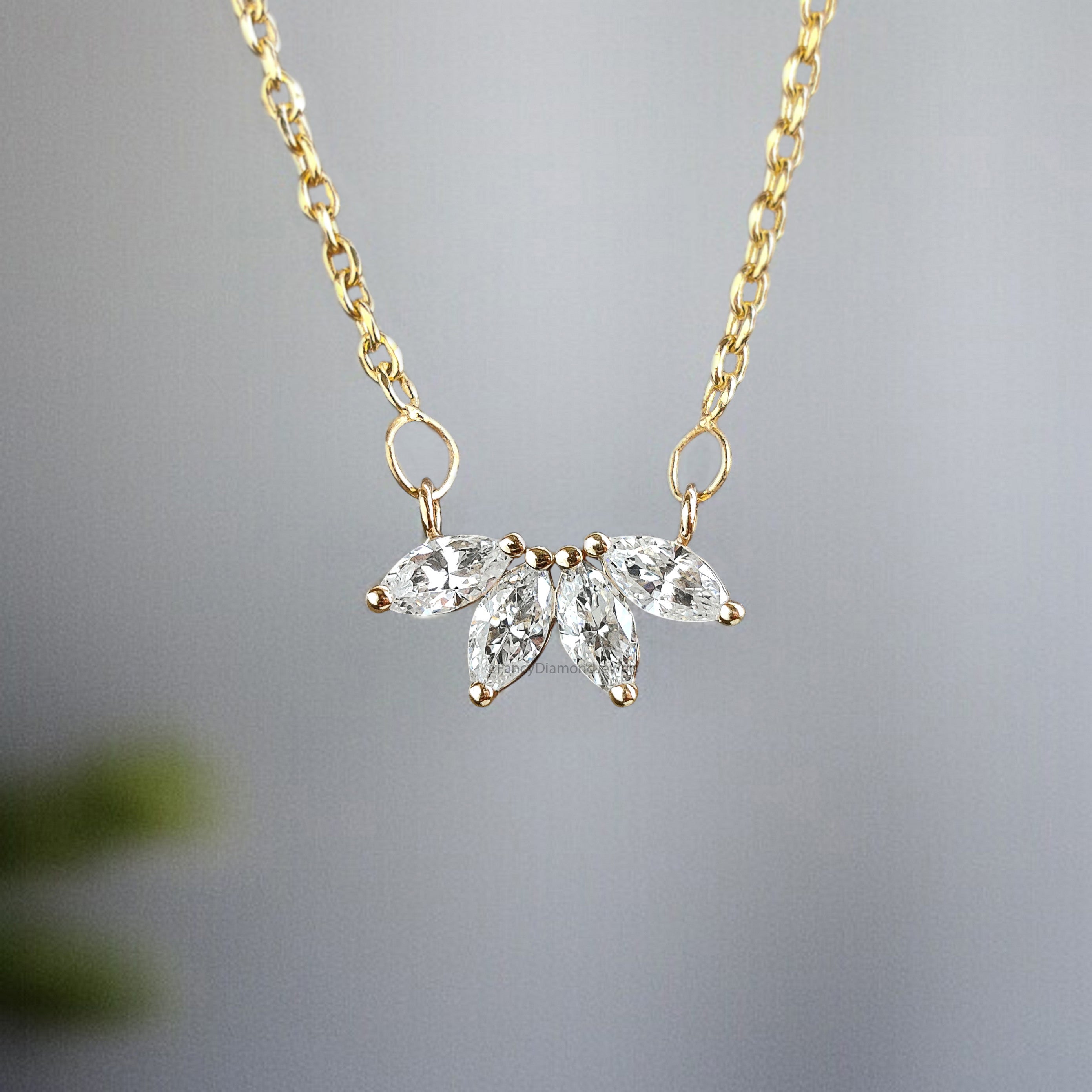 Marquise Cut CZ Diamond Flower Necklace Yellow Silver handmade jewelry Necklace Marquise Shape prong basket set Necklace With Chain FD481