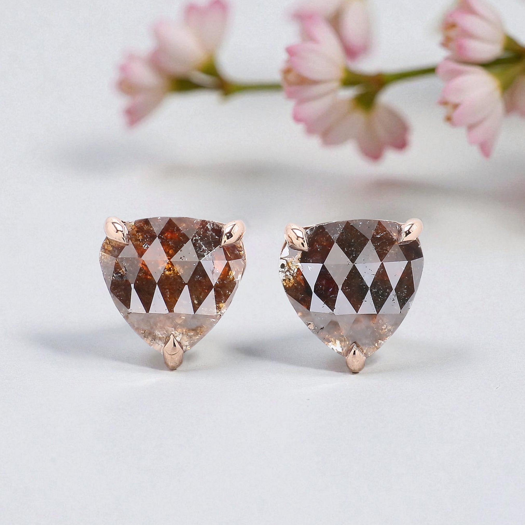 Heart Brown Color Diamond Earring 2.58 Ct 7.80 MM Heart Diamond Earring 14K Solid Rose Gold Silver Rose Cut Earring Gift For Her KDL6880