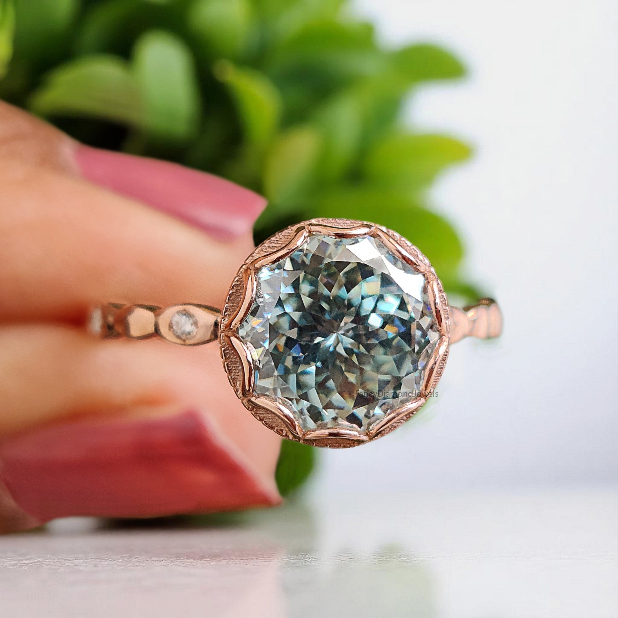 Portuguese Round Shape Blue Moissanite Engagement Ring Bezel Set Rose Gold Vintage Ring Anniversary Ring Gift For Her Wedding Ring FD382