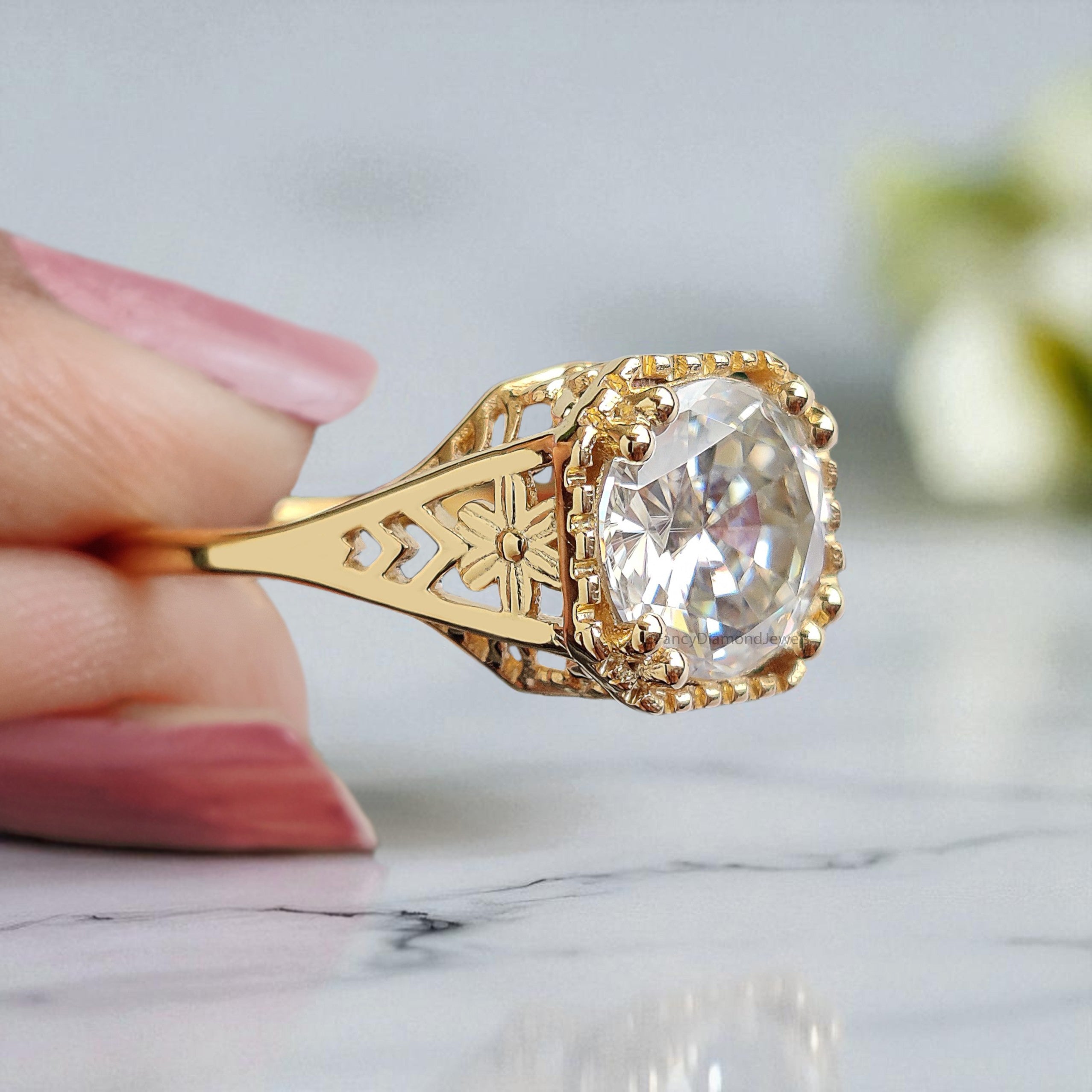 Art Deco Ring 1.80 CT Round Old European Cut Colorless Moissanite Ring OEC Ring Engagement Ring Wedding Ring Bridal Set 14KT Gold FD121