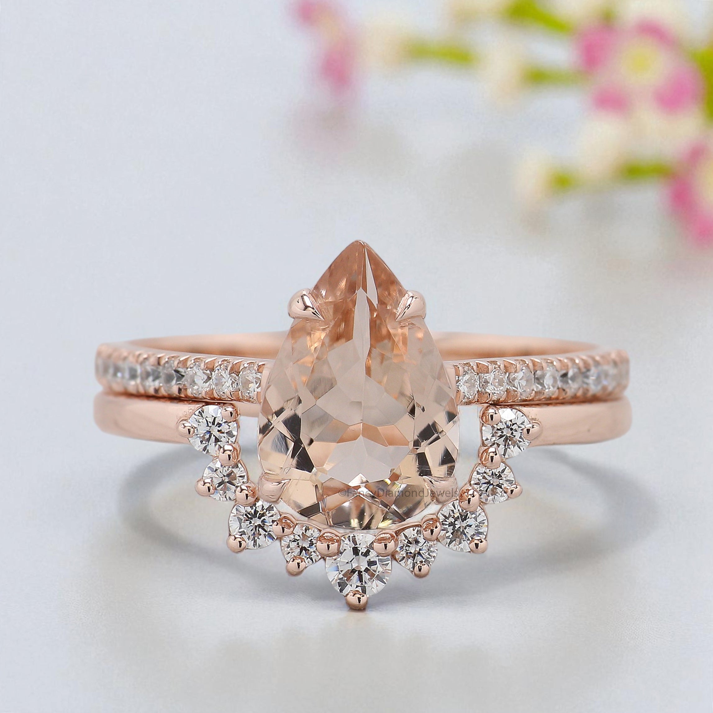 1.45 CT Pear Cut Natural Morganite Engagement Ring Set Rose Gold Ring Morganite Curved Wedding Ring Unique Vintage Ring Gift For Her FD447