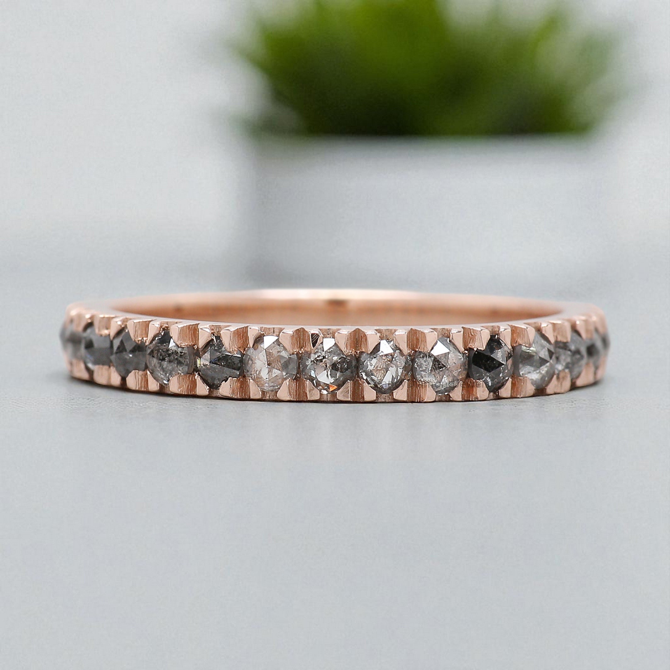 Round Rose Cut Salt And Pepper Diamond Wedding Band Silver/10K/14K/18K Gold Half Eternity Minimalist stacking dainty matching Ring KD923