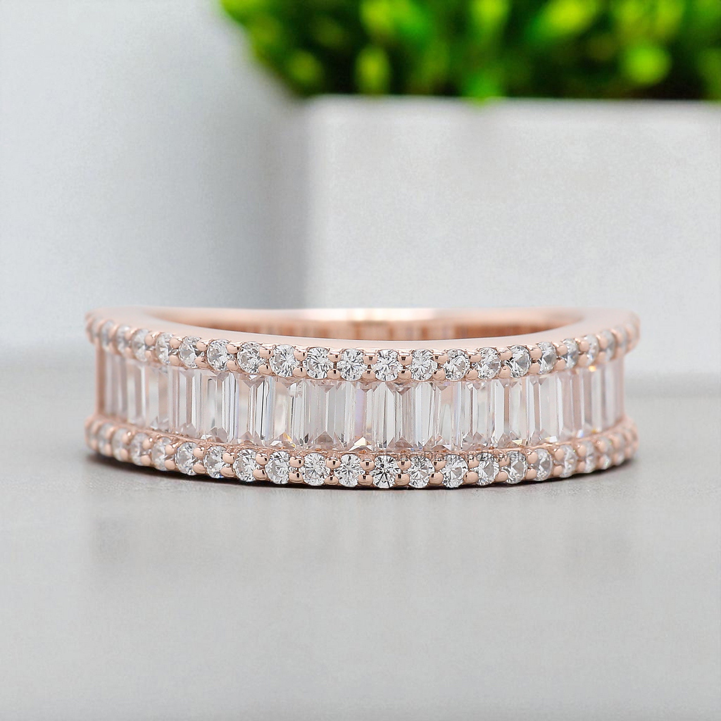 Natural Round / Baguette Diamond Wedding Band Half Eternity Minimalist stacking dainty matching Band Silver/10K/14K/18K Gold Band KD1168