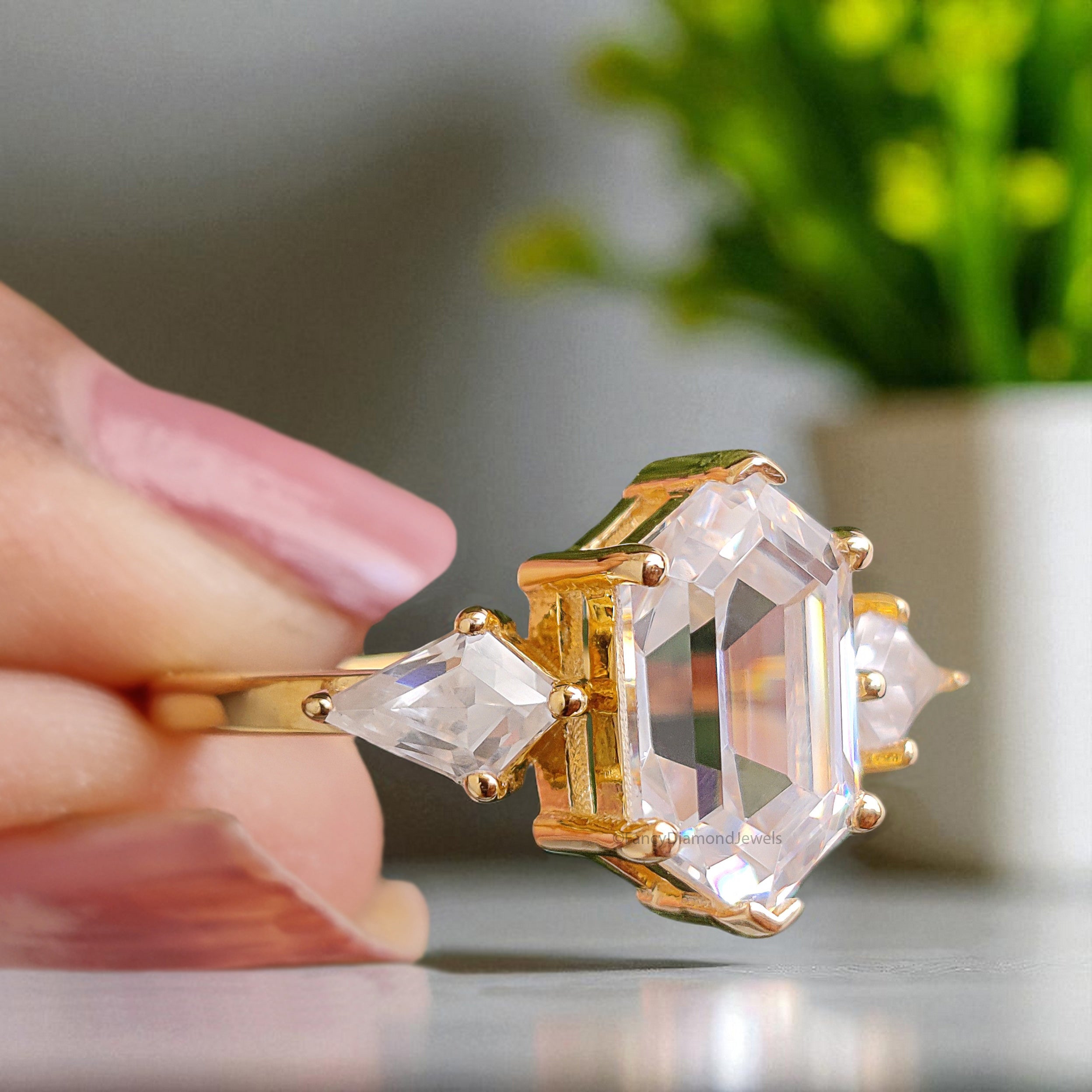 4.55 CT Hexagon Cut Simulated Diamond Engagement Ring 3 Stone Ring Yellow Gold Ring Anniversary Ring Simulant ring Gift For Her FD395