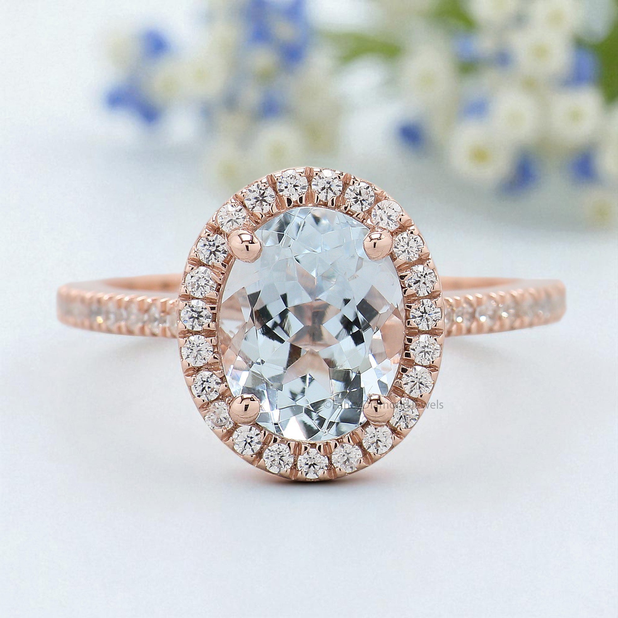 1.75 CT Oval Cut Natural Aquamarine Engagement Ring Rose Gold Ring Oval Diamond Wedding Ring Unique Vintage Halo Ring Gift For Her FD425