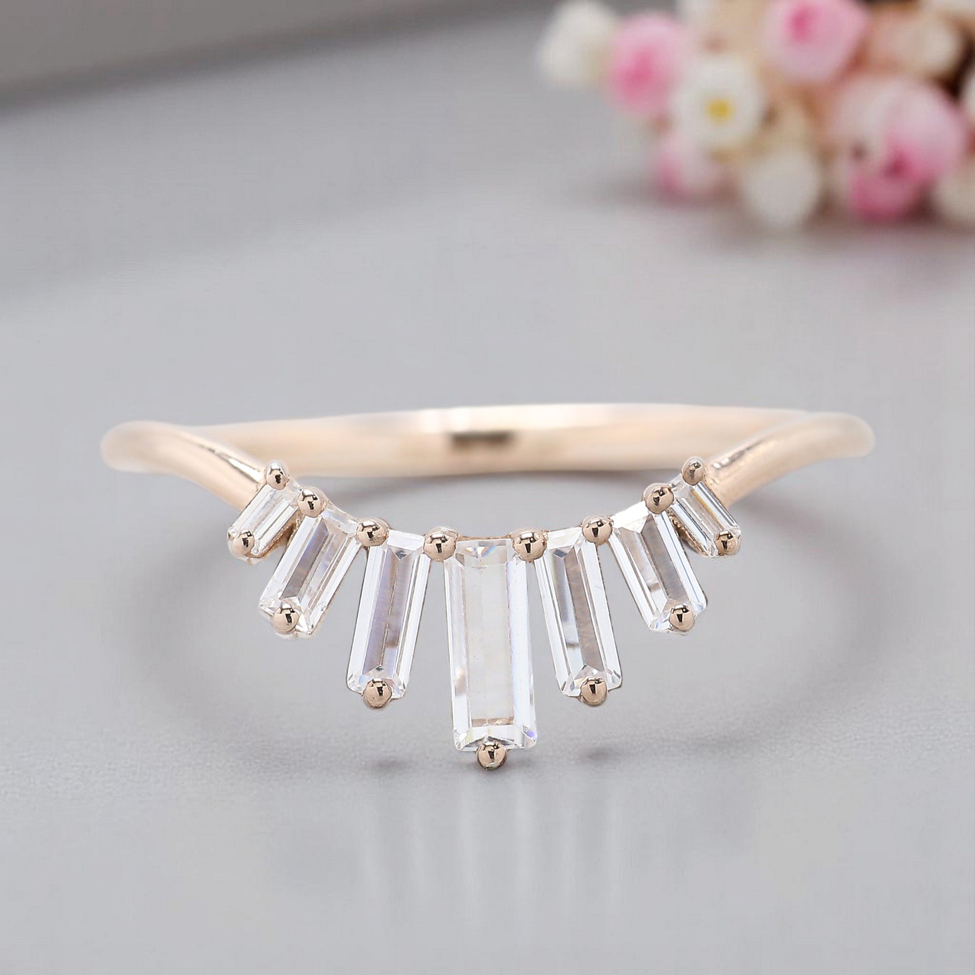 Baguette Colorless Moissanite Diamond Curved Wedding Band 14k Solid Rose/ Yellow/ White Gold 0.75 CT Diamond Band Half Eternity Band KD828