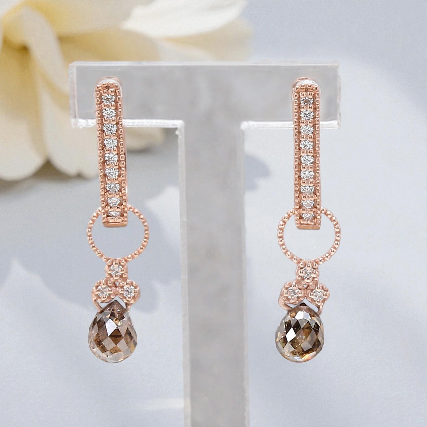 Drop Cut Brown Color Diamond Earring 1.23 Ct 4.85 MM Drop Diamond Earring 14K Solid Rose Gold Silver Engagement Earring Gift For Her KDK2275