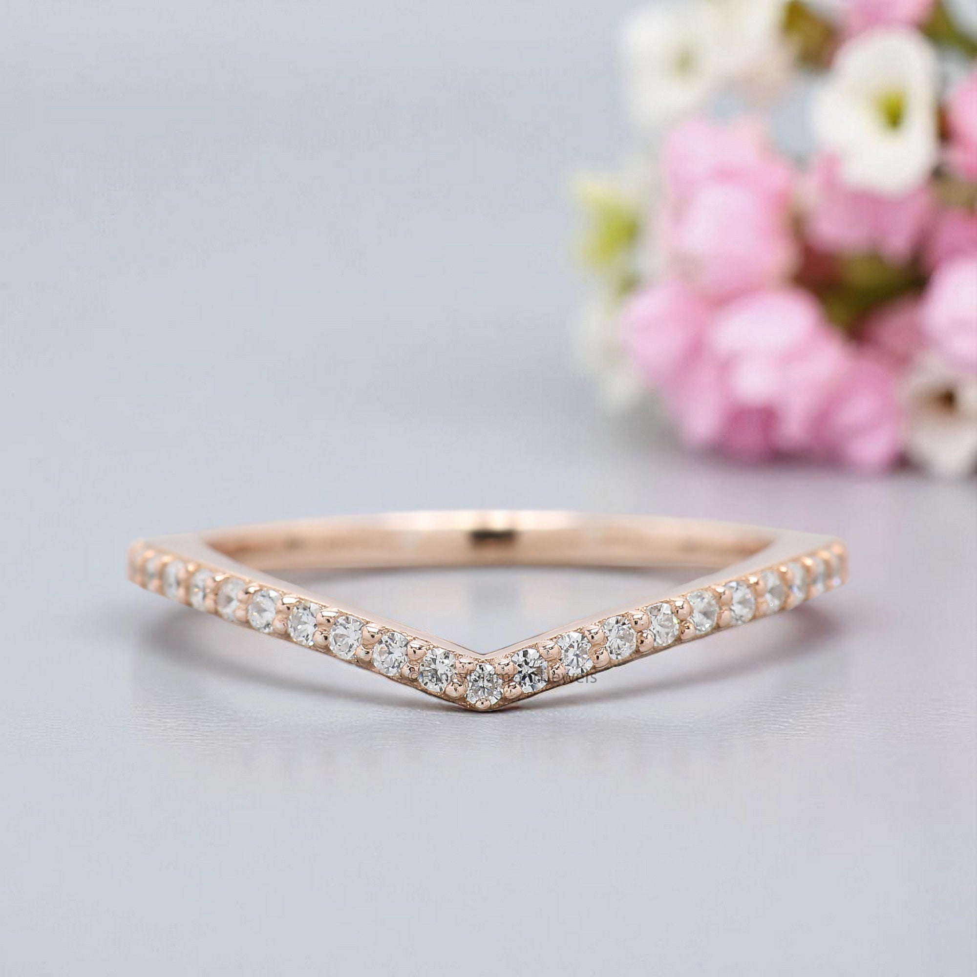 V Shaped Wedding Band 0.20 TW Round Diamond Band Rose Gold Silver/10K/14K/18K Engagement Band Half Eternity Anniversary Ring FD377