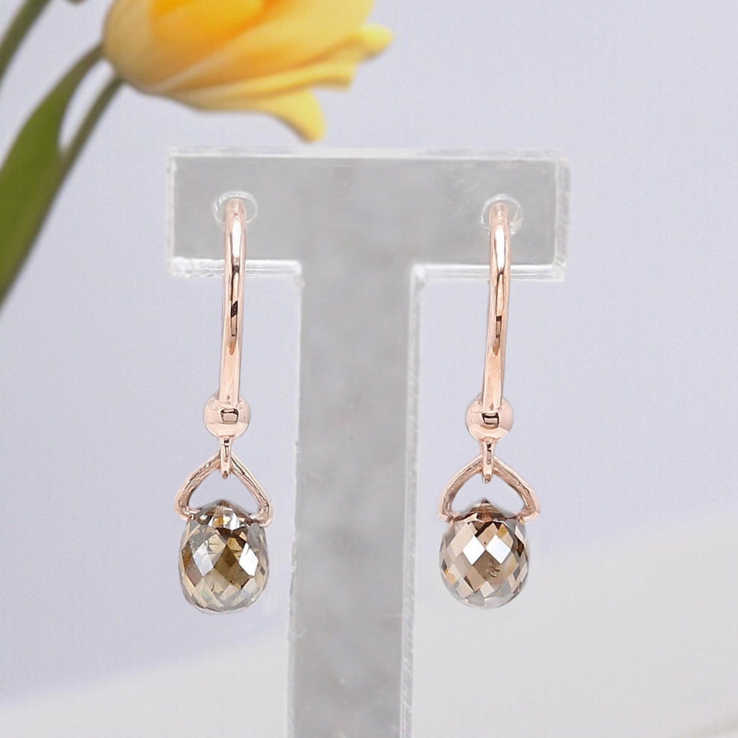Drop Cut Brown Color Diamond Earring 1.14 Ct 4.80 MM Drop Shape Diamond Earring 14K Rose Gold Silver Drop Earring Gift For Her QL144