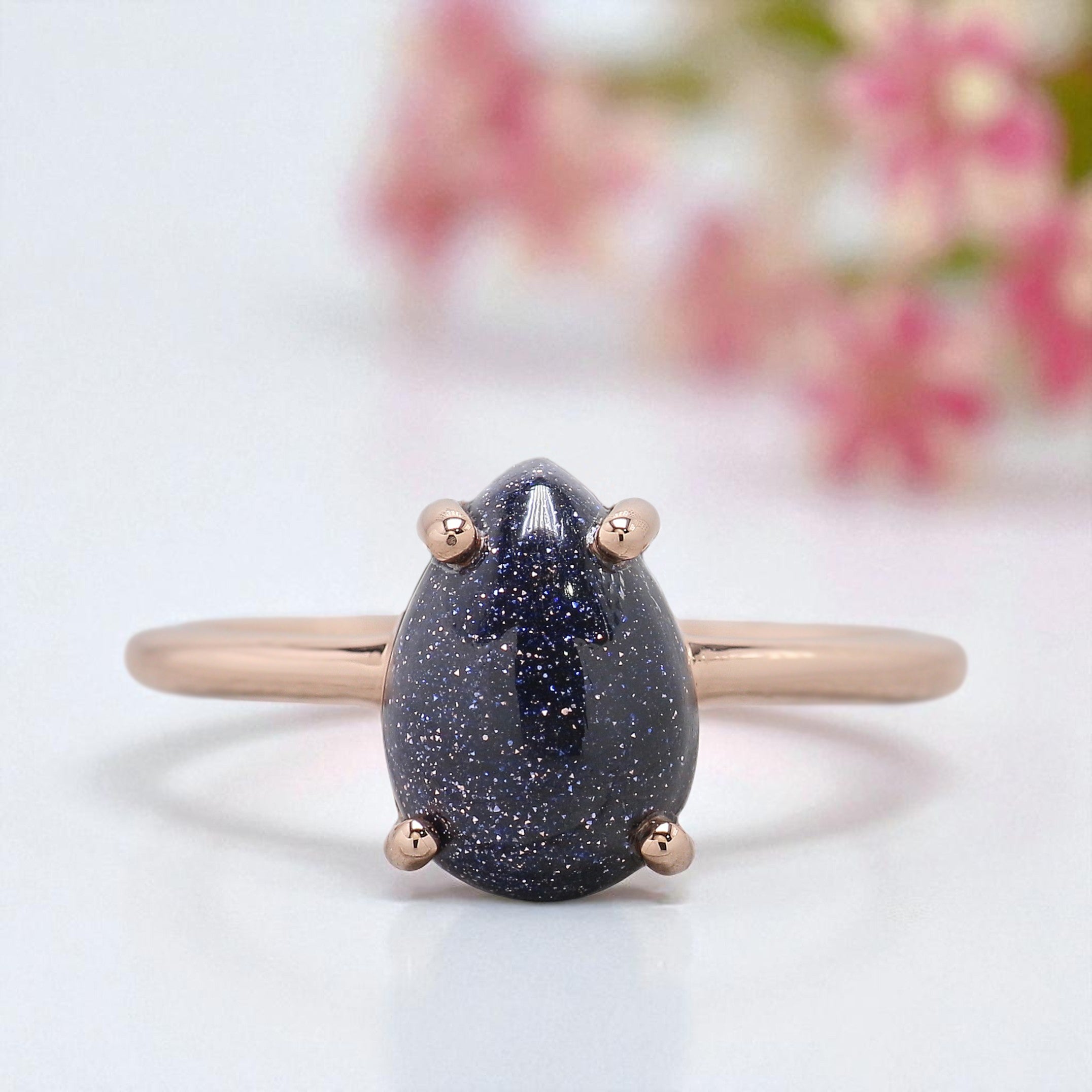 2.00 CT Unique Pear Cut Blue Sand Stone Cabochon Engagement Ring Rose Gold Ring Beautiful Blue Pear Sun Star Wedding Ring FD437