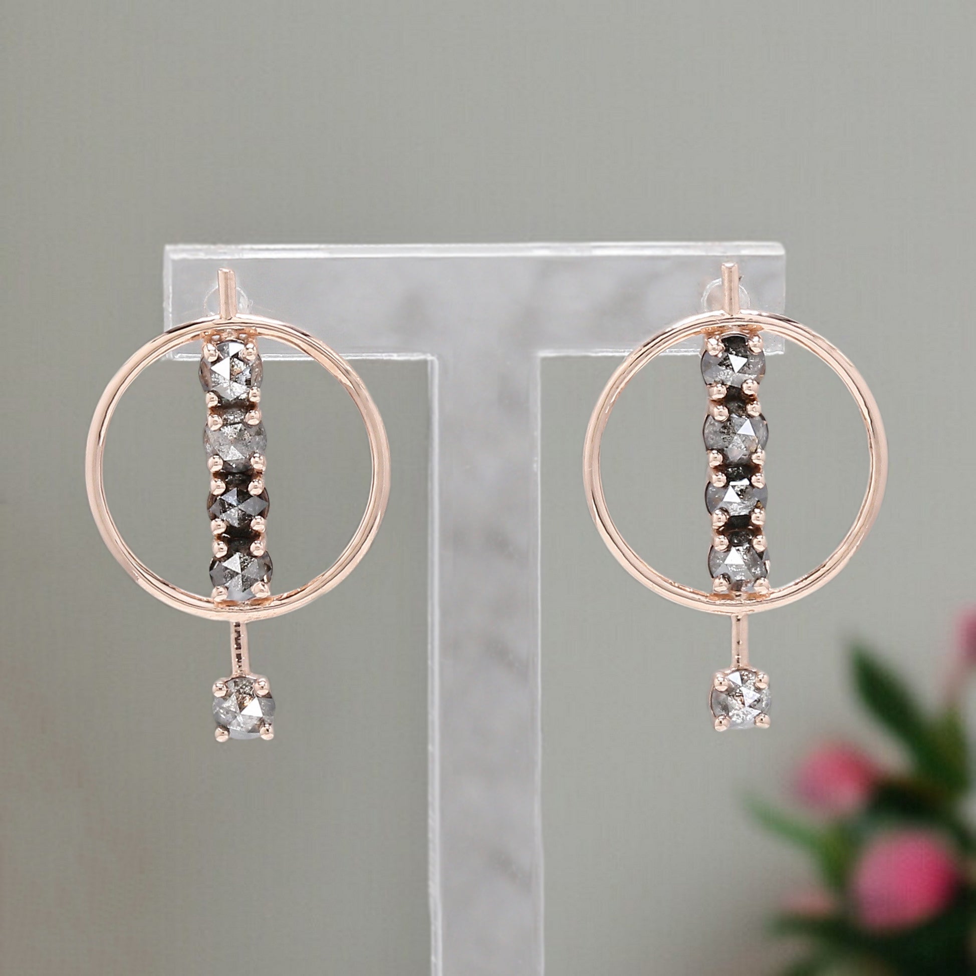 Round Rose Cut Salt And Pepper Diamond Earring 1.15 Ct 2.85 MM Round Diamond Earring 14K Solid Rose Gold Silver Earring Gift For Her KDN2305