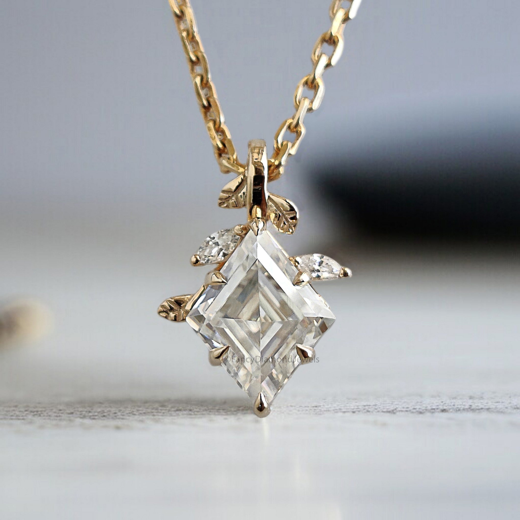 Kite Cut Lab Grown Diamond Pendant Yellow Silver handmade jewelry Necklace Pointed Claw prong And Floral Set Marquise Diamond Necklace FD477