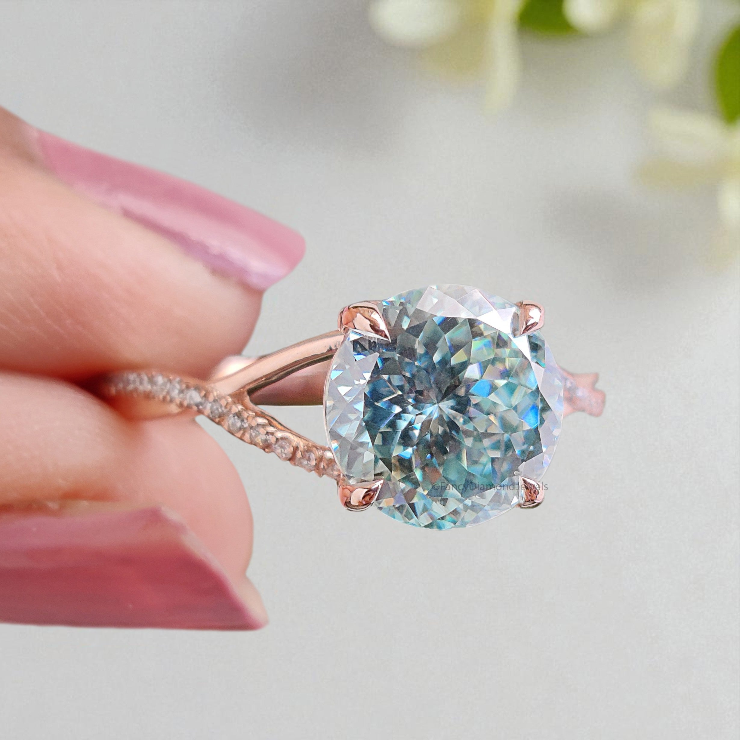 Round Portuguese Cut Aqua Blue Green Moissanite Engagement Ring Rose Gold Ring Vintage Ring Crossover Band Wedding Ring Gift For Her FD419