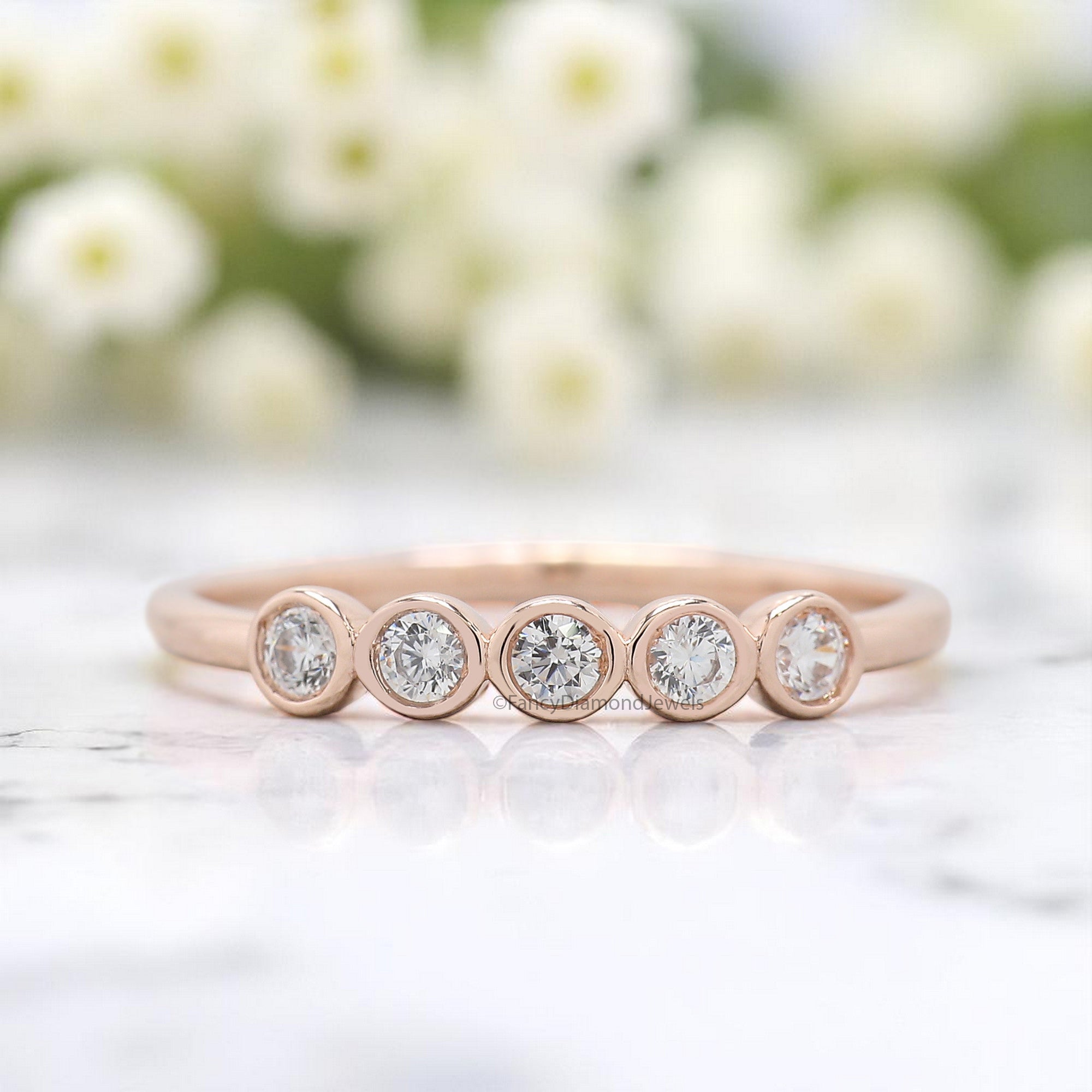 Bezel Set 5 Moissanite Diamond Wedding Band Silver/10K/14K/18K Gold Half Eternity Minimalist stacking dainty matching anniversary ring KD890