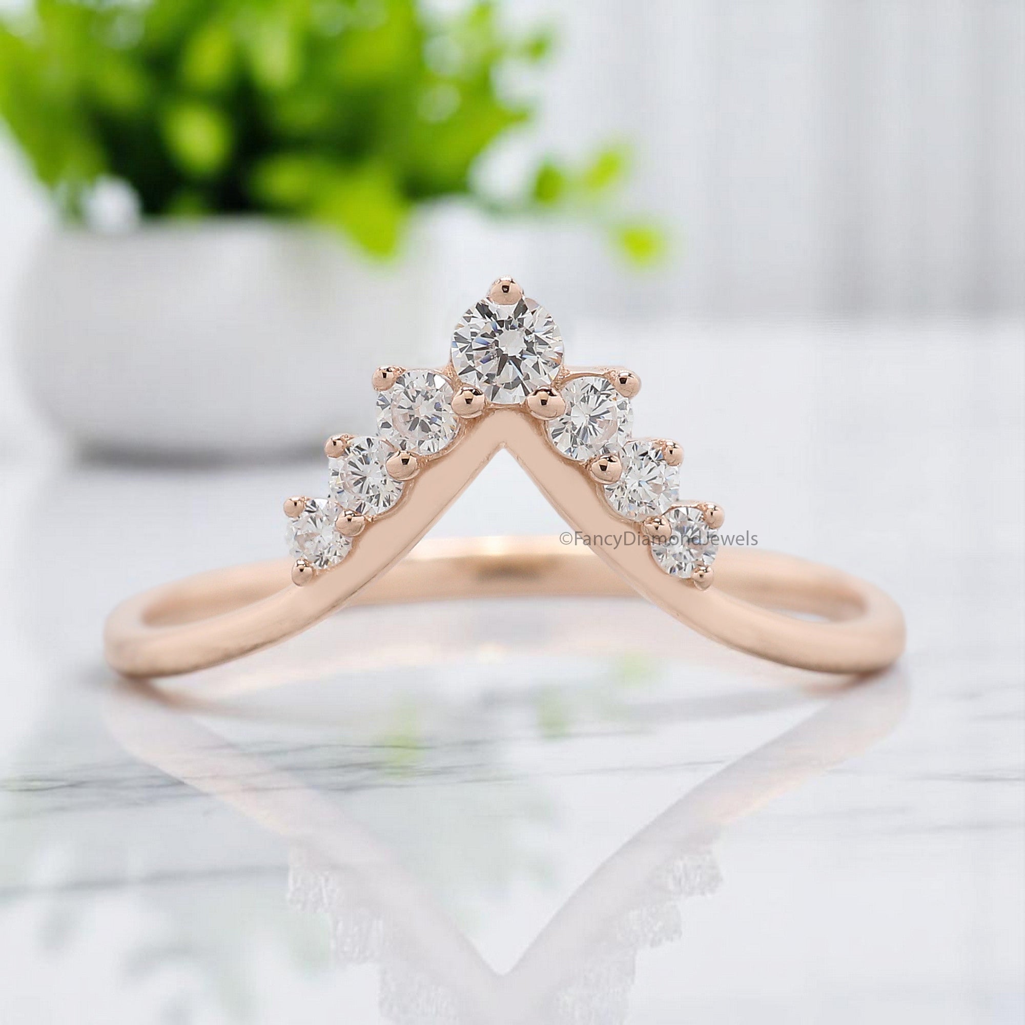 Art Deco Crown Wedding Band 0.20 TW Round Diamond Band Rose Gold Silver/10K/14K/18K Engagement Band Half Eternity Anniversary Ring FD374