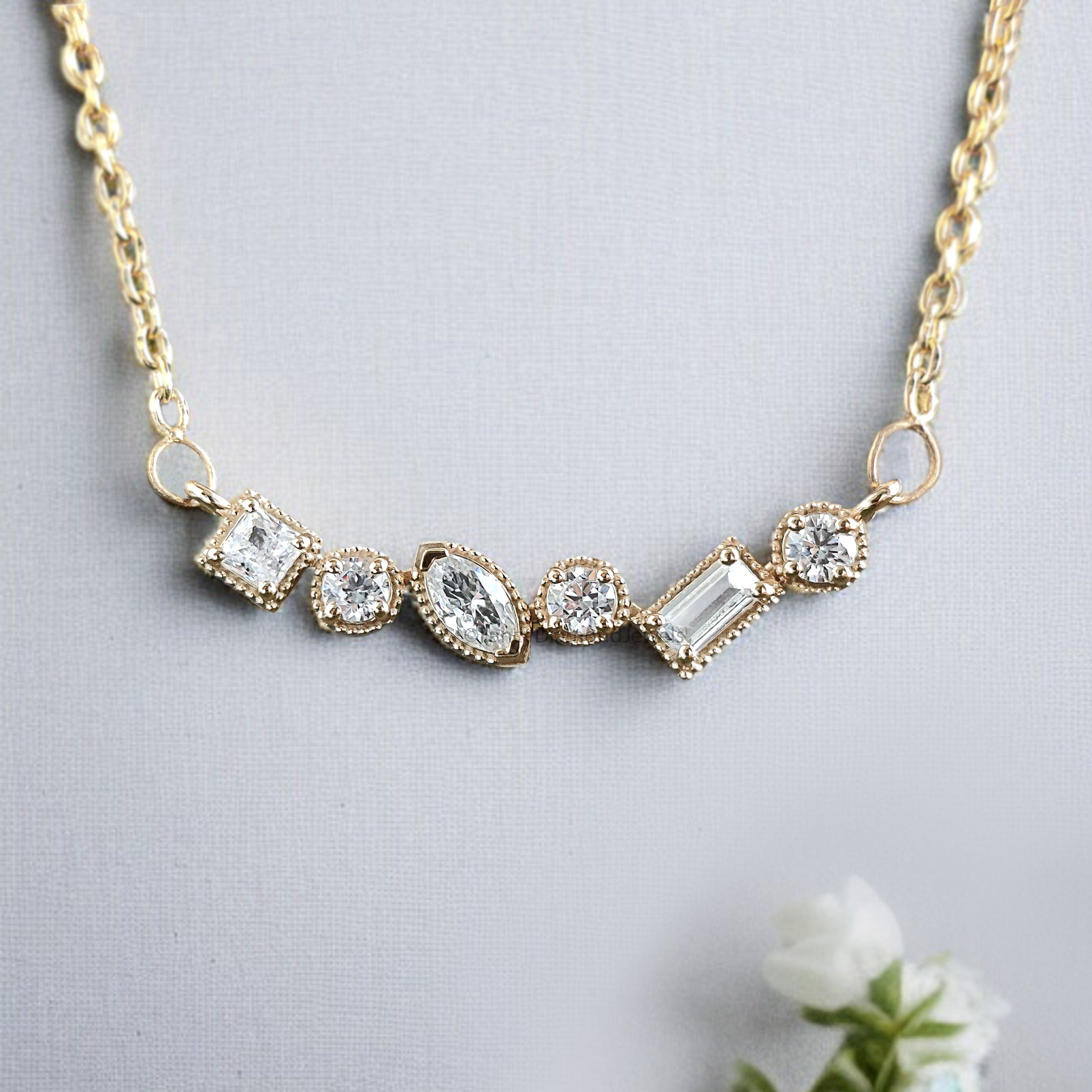 Mix Shape Cut CZ Diamond Necklace Yellow Silver handmade jewelry Necklace Mix Shape prong basket set Necklace With Chain FD482